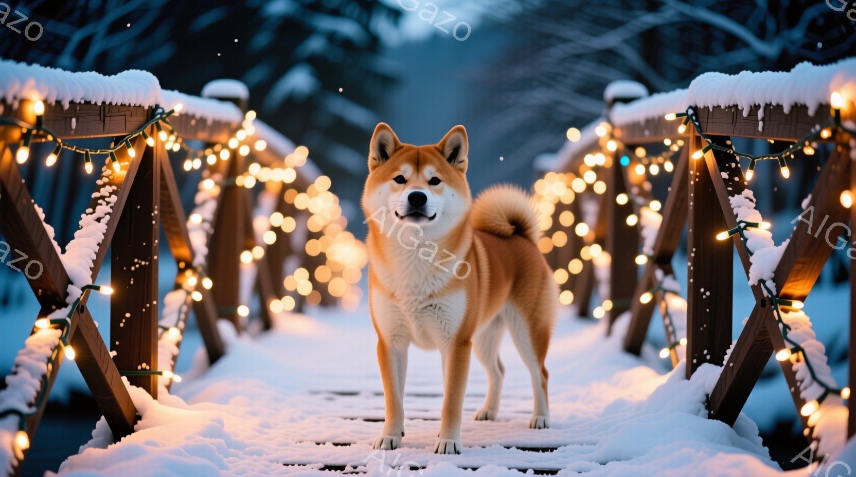 雪に覆われた木製の橋の上で、柴犬が正面を向いて立っている。犬は明るいオレンジ色の毛並みで、自信に満ちた表情を浮かべている。背景には雪景色が広がり、橋には温かい光を放つ電飾が飾られており、冬の穏やかな雰囲気を醸し出している。