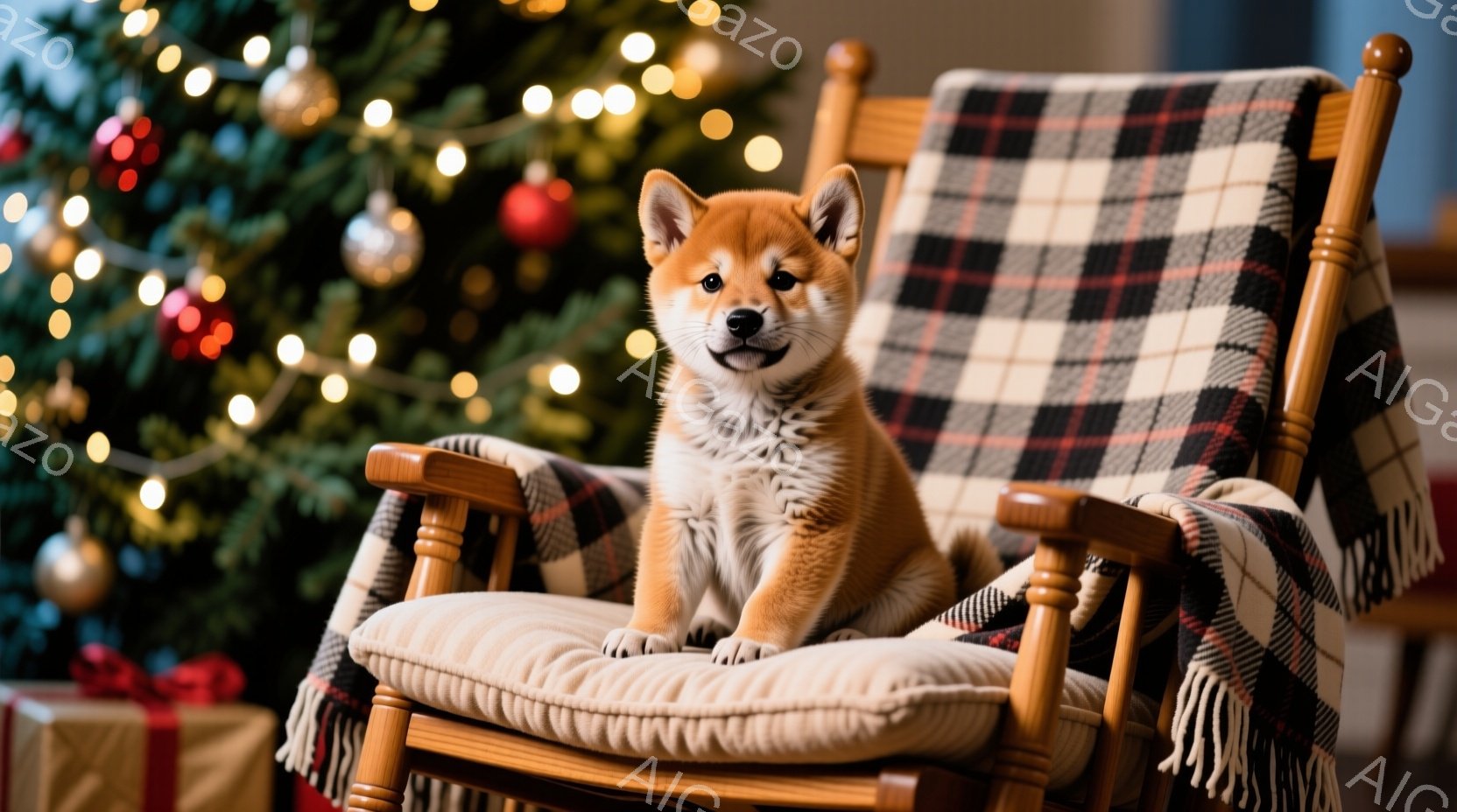 柴犬の子犬がロッキングチェアに座っており、暖炉とクリスマスツリーがぼやけて背景に見えます。子犬はまっすぐ前を見ており、毛並みが良く、愛らしい表情をしています。ロッキングチェアにはチェック柄のブランケッ - AI生成フリー素材