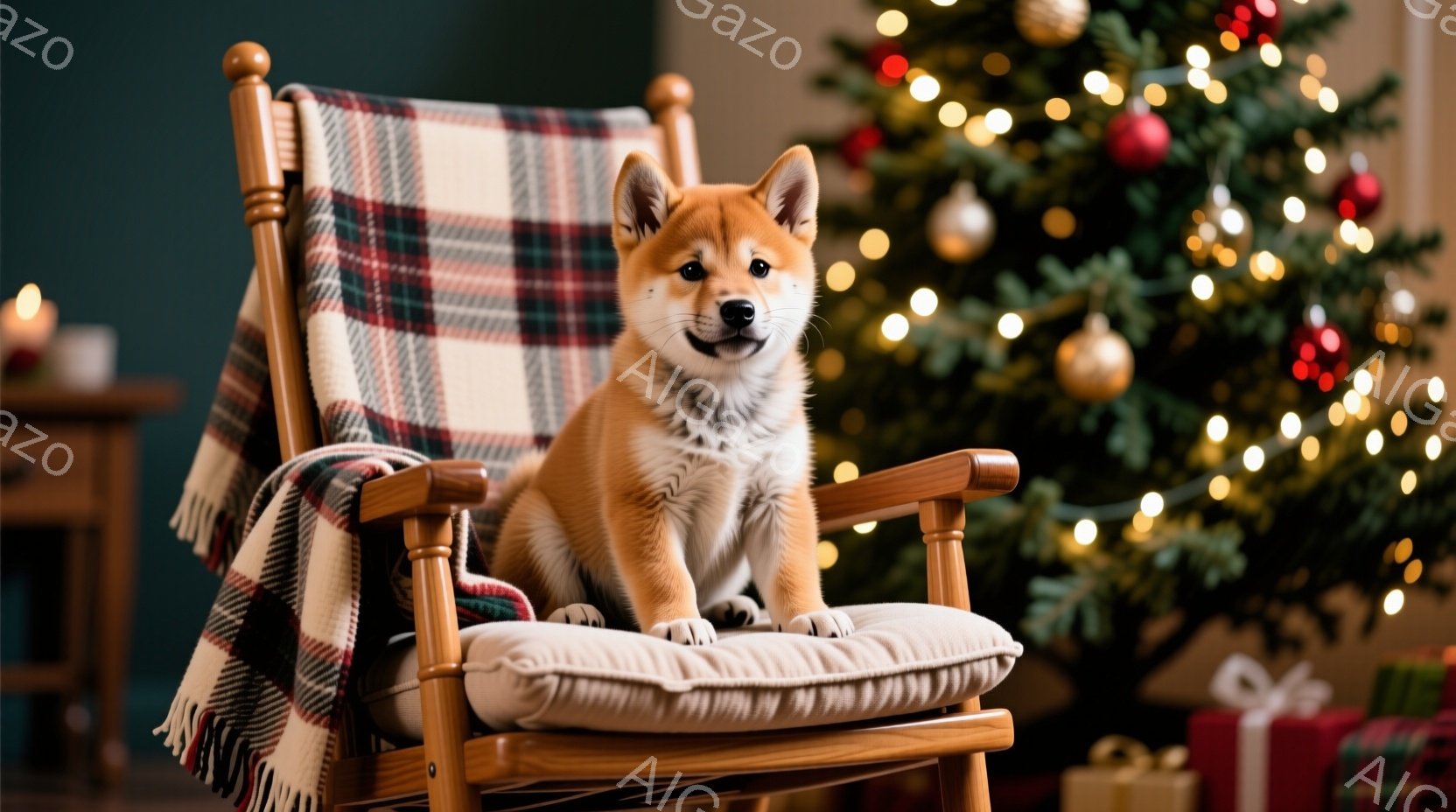 暖炉のそばにあるロッキングチェアに、愛らしい柴犬の子犬が座っています。子犬は真っ直ぐ前を見つめており、リラックスした表情をしています。背景には、キラキラと輝くクリスマスツリーとプレゼントがあり、温かく - AI生成フリー素材