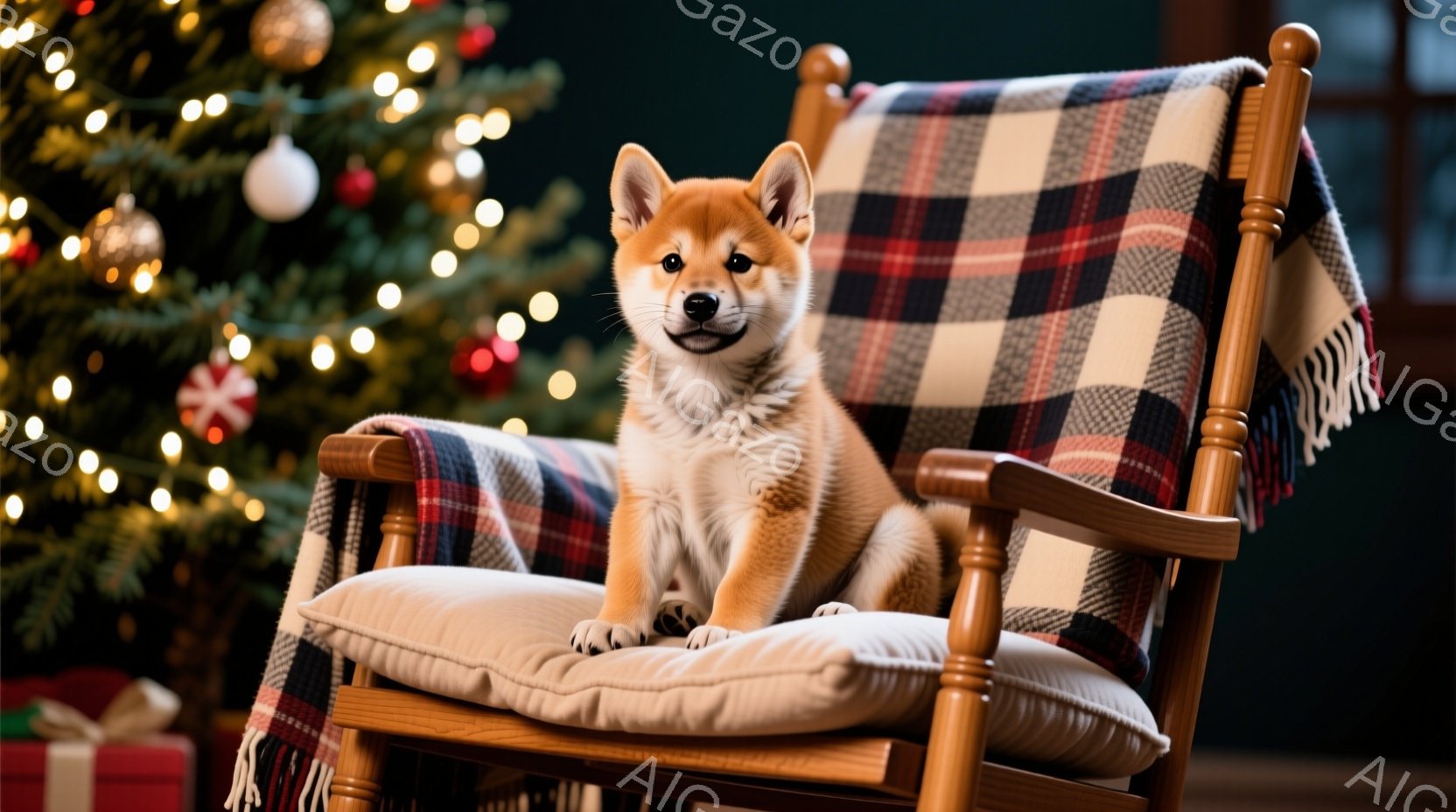 暖炉のそばのロッキングチェアに、可愛らしい柴犬の子犬が座っています。子犬は明るいオレンジ色の毛並みで、丸い目と小さな鼻が特徴的です。背景には、クリスマスツリーやプレゼントが見え、温かく、お祝いの雰囲気が漂っています。