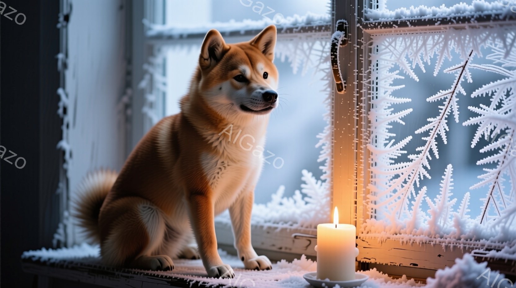 柴犬が雪で覆われた窓枠に座り、外を見つめている。窓ガラスには霜の花が描かれ、暖かく光るキャンドルが窓辺に置かれている。冬の静かで穏やかな雰囲気が漂い、犬は寒さから守られた室内で安らかに過ごしているよう - AI生成フリー素材