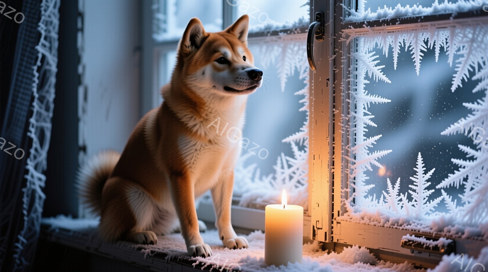 柴犬が窓辺に座り、外の雪景色を見つめている。窓には霜が降りており、室内には温かい光を放つキャンドルが置かれている。暖かく穏やかな冬の雰囲気が漂う、静かで美しい光景だ。 - AI生成フリー素材