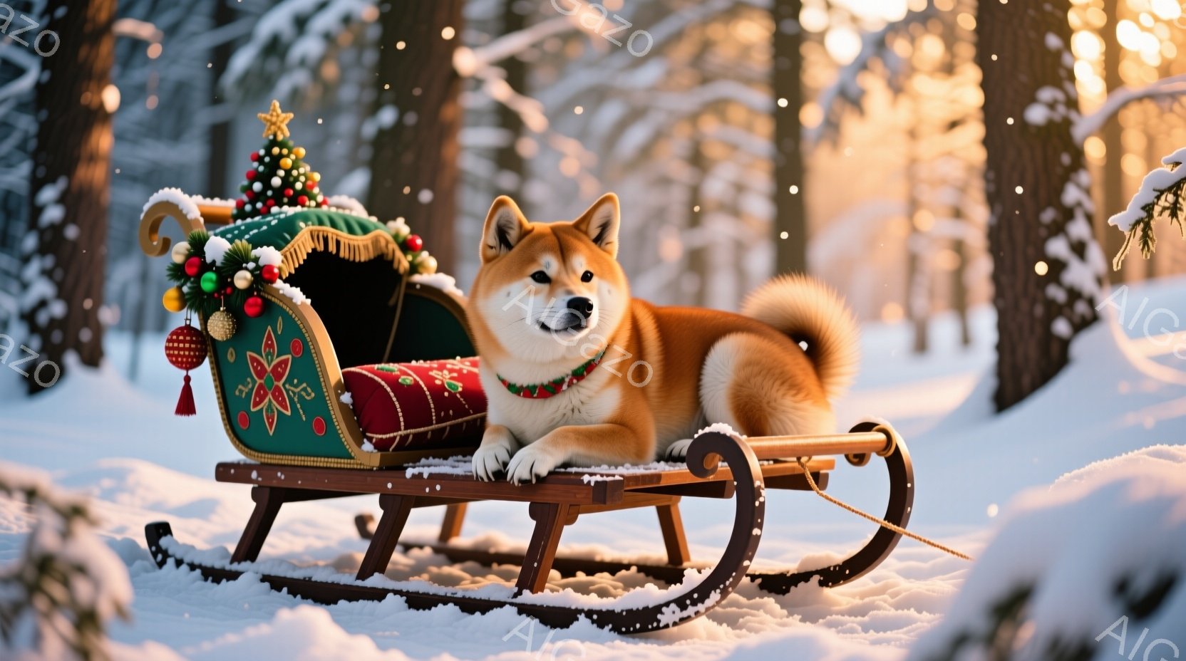 雪景色の中に、クリスマスの飾り付けがされたそりに柴犬が優雅に横たわっています。柴犬は赤い首輪をつけており、穏やかな表情でこちらを見つめています。背景には雪に覆われた木々が立ち並び、冬の暖かく幻想的な雰 - AI生成フリー素材
