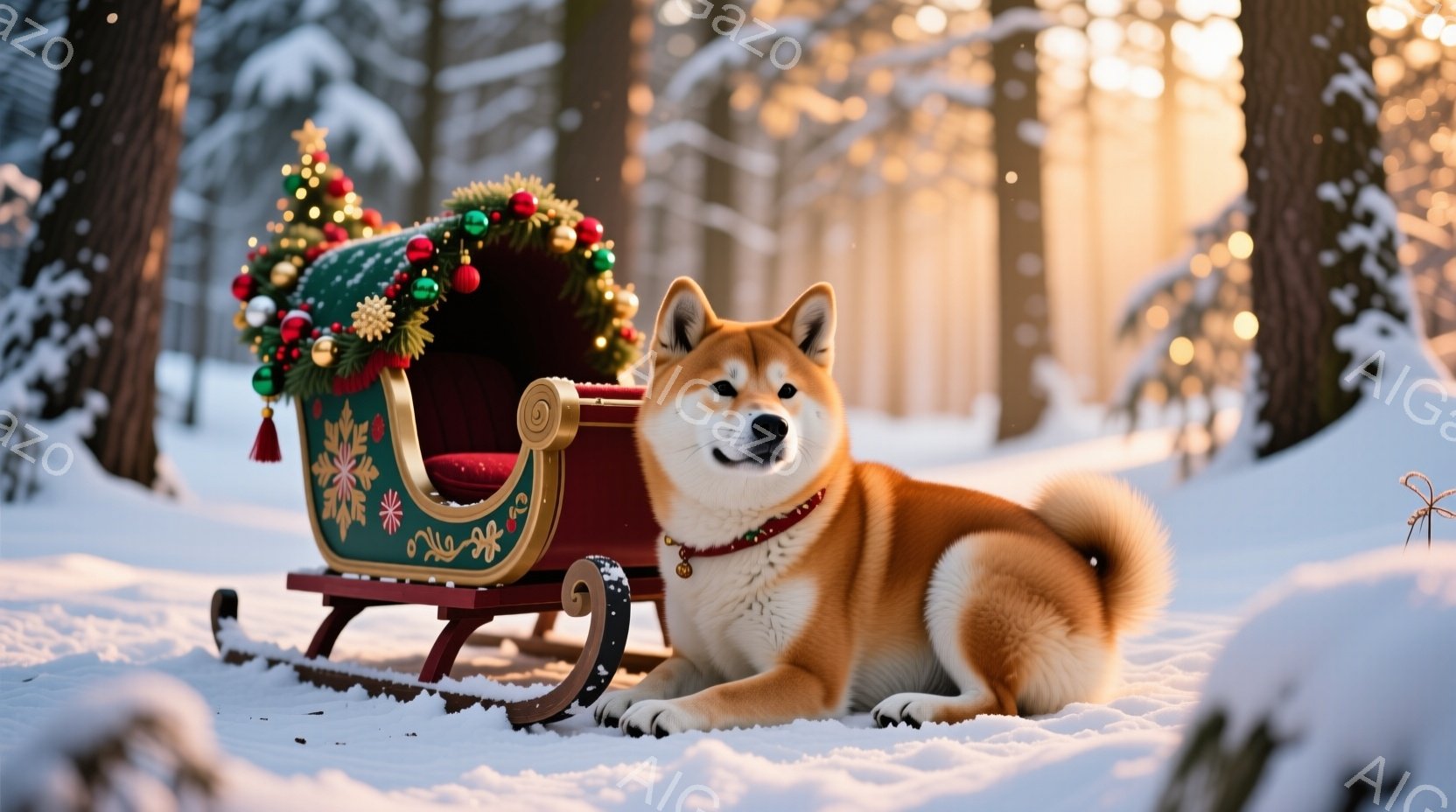 雪景色の中に、飾り付けられたそりが置かれており、そのそばで柴犬が横たわっています。柴犬は赤い首輪をつけており、穏やかな表情でこちらを見ています。背景には雪に覆われた木々が広がり、冬の静寂と暖かさが感じられる、魅力的な光景です。