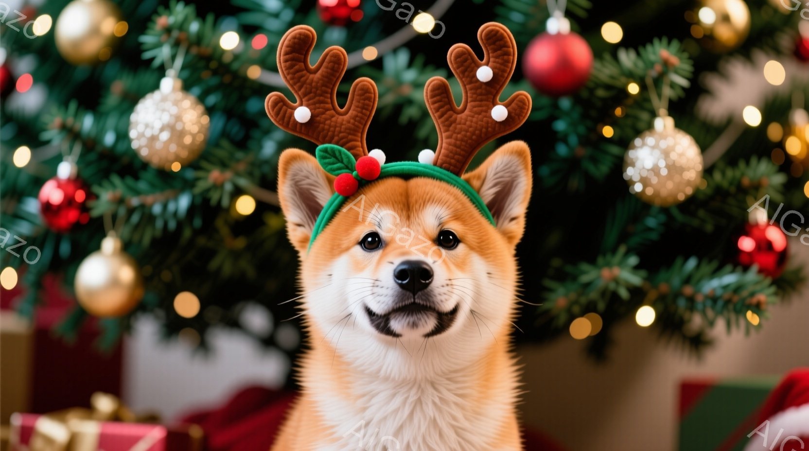 柴犬がクリスマスツリーの前でカメラに向かって微笑んでいます。頭にはトナカイの角がついた飾りをつけており、クリスマスの雰囲気を楽しんでいるようです。背景には緑のクリスマスツリーやプレゼントボックスが見え - AI生成フリー素材