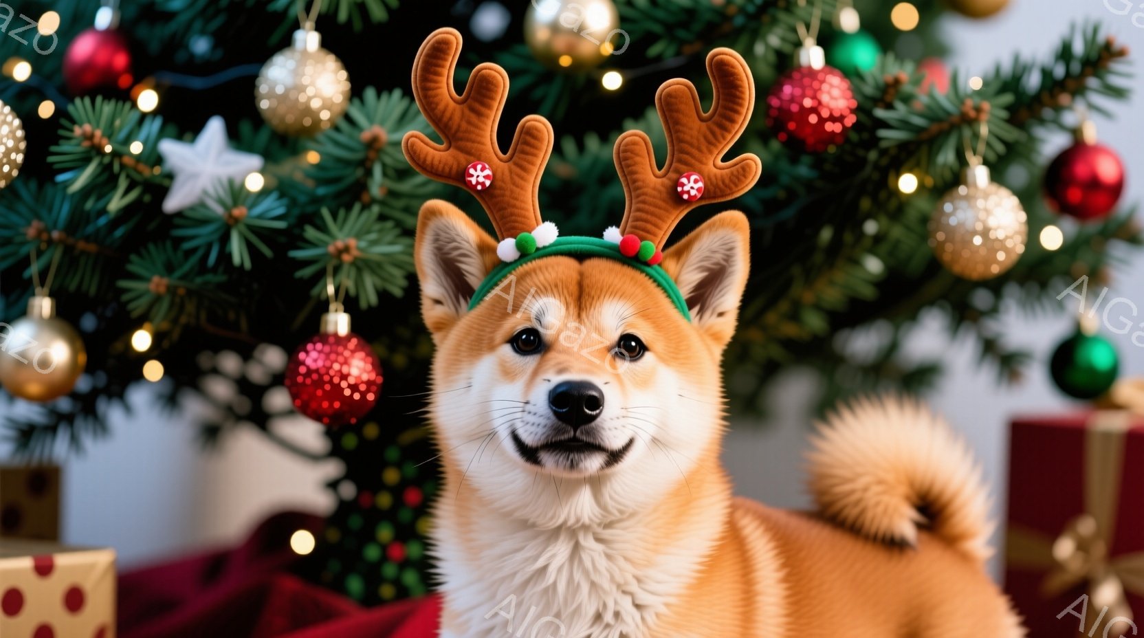 柴犬がクリスマスの飾り付けられたクリスマスツリーの前で微笑んでいます。頭にはトナカイの角がついたヘッドバンドをつけており、背景には赤い布とプレゼントボックスが見えます。暖かく、お祝いムードいっぱいの雰 - AI生成フリー素材