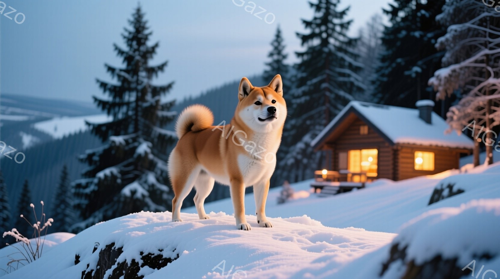 雪に覆われた丘の上に、赤褐色の柴犬が凛々と立っている。背景には雪化粧した木々と、暖かく光る小さな木造の家が見え、冬の静寂と安らぎを感じさせる。犬はまっすぐ前を見据え、自信に満ちた表情で、冬の風景に溶け - AI生成フリー素材