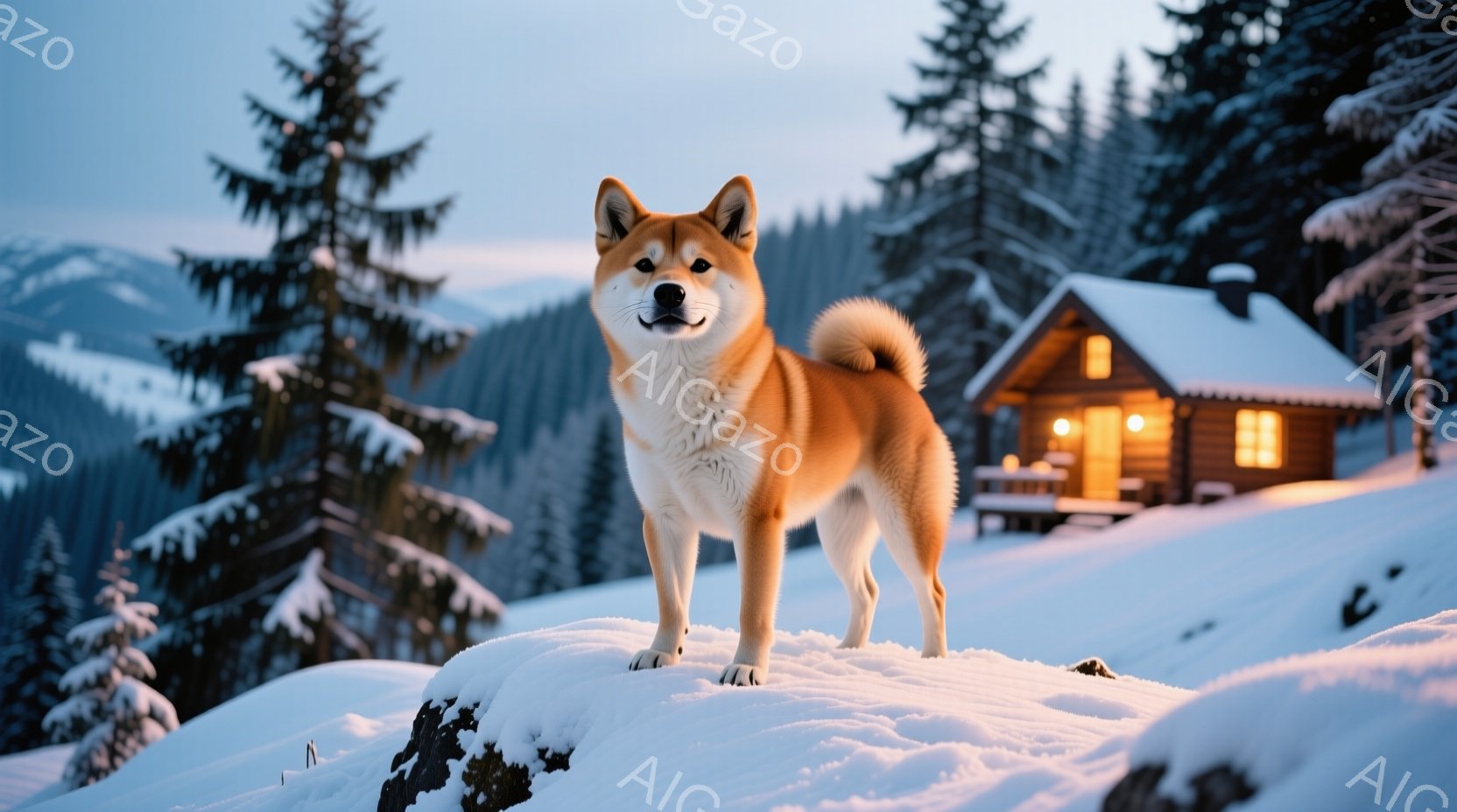 雪景色の中に、秋田犬が凛々しく立っている。犬は茶色い毛並みで、雪に照らされて明るく輝いている。背景には木々が生い茂り、暖かく光る小さな木造の家があり、冬の静かで穏やかな雰囲気を醸し出している。 - AI生成フリー素材