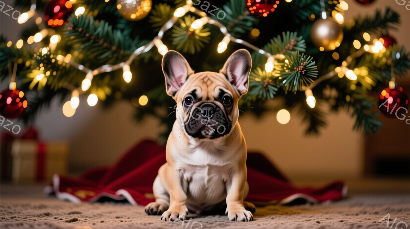 優しいクリーム色のフレンチブルドッグが、赤い毛布の上で正面を向いて座っています。背景にはクリスマスツリーが輝き、暖かく幸せな雰囲気を醸し出しています。犬はリラックスした表情で、まるでクリスマスの訪れを楽しんでいるかのようです。