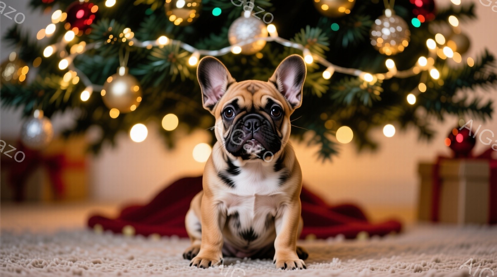 白と茶色の毛並みを持つ小さなフレンチブルドッグが、赤い布の上に座って正面を見つめています。背景にはクリスマスツリーが飾られ、温かい光が灯り、プレゼントボックスが並んでいます。全体的に、暖かく、お祝いム - AI生成フリー素材