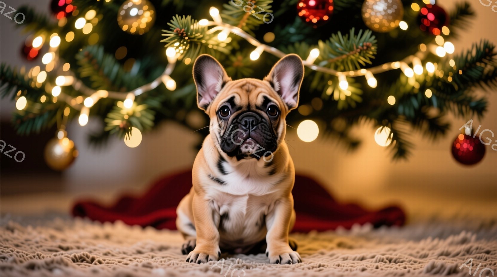 愛らしいクリーム色のフレンチブルドッグが、赤いクリスマスツリーの敷物の上に座って正面を見つめている。子犬は少し緊張した表情で、大きな耳をピンと立てている。背景には、キラキラと輝く電飾で飾られたクリスマ - AI生成フリー素材
