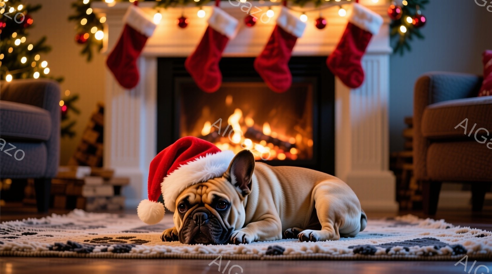暖炉の前で、サンタの帽子をかぶった愛らしいフレンチブルドッグが横たわっています。その表情は少し憂いを含んでいますが、全体的にはリラックスした様子です。背景にはクリスマスツリーと飾り付けられた暖炉があり - AI生成フリー素材