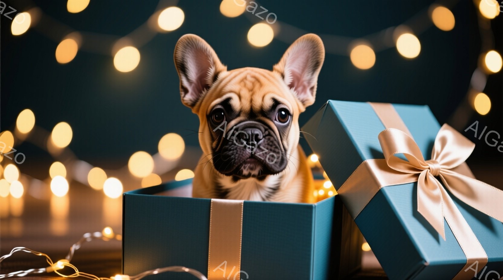 焦げ茶色のフランスブルドッグの子犬が、ターコイズブルーのギフトボックスから顔を出しています。箱には金色のリボンが結ばれており、背景にはぼやけた金色のイルミネーションが散りばめられています。全体的に暖かく、お祝いの雰囲気で、子犬の好奇心旺盛な表情が可愛らしいです。