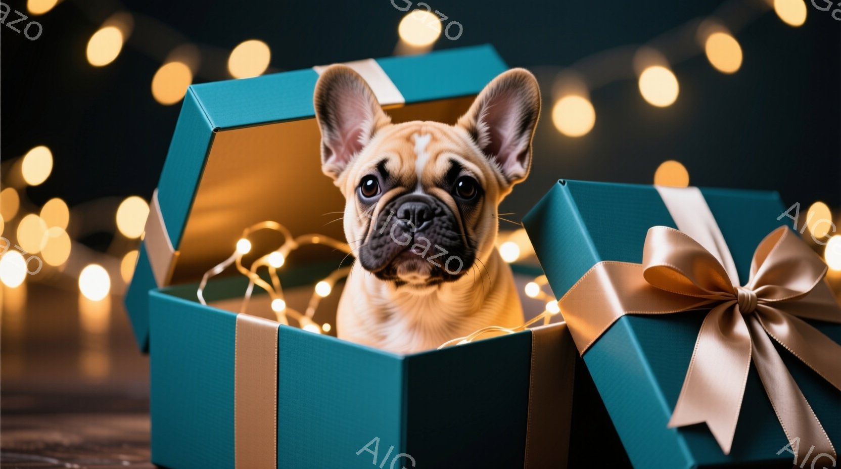 クリーム色の毛並みのフレンチブルドッグが、明るいターコイズブルーのギフトボックスの中に座っています。犬は正面を見つめ、少し好奇心と甘えん坊な表情を浮かべています。背景には、ぼやけた暖かい色の光のストリ - AI生成フリー素材