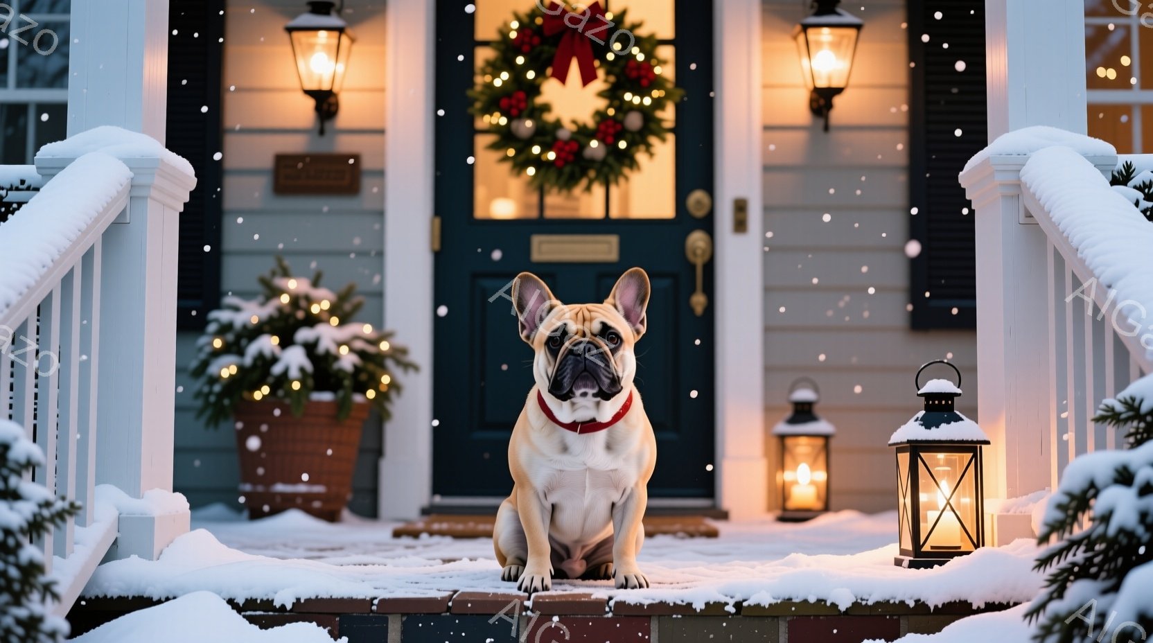 白いフレンチブルドッグが雪で覆われた家の階段に座っています。赤い首輪をつけ、正面を見て少し緊張した表情をしています。背景には、クリスマスリースが飾られた玄関、雪の降る庭、そして暖かい光を放つランタンが - AI生成フリー素材