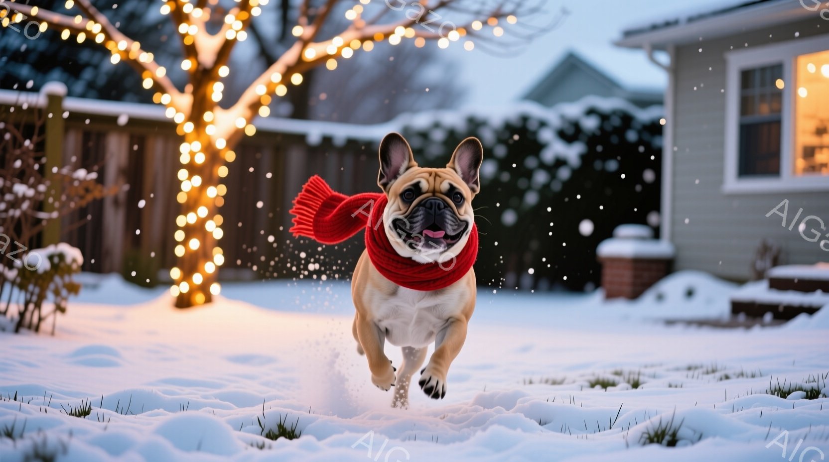 ベージュ色のフレンチブルドッグが雪の中を勢いよく走っており、赤いマフラーを巻いている。背景にはクリスマスツリーのようにイルミネーションで飾られた木と、雪に覆われた住宅や庭があり、雪が舞っている。全体的 - AI生成フリー素材