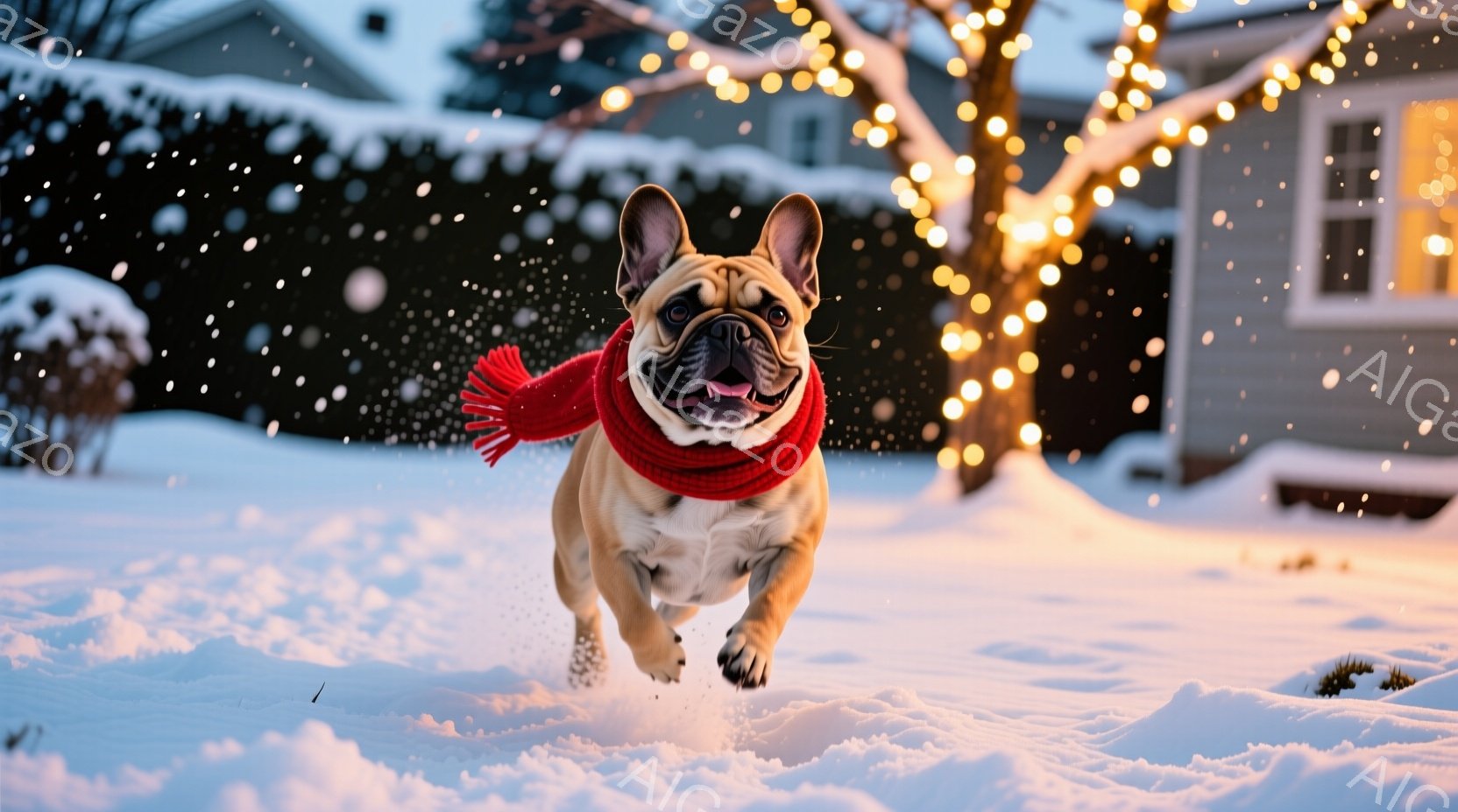 雪景色の中、茶色のフレンチブルドッグが真っ赤なマフラーを巻いて走り出している。犬は口を開けて楽しそうに笑っており、雪原を軽快に駆け抜ける姿は躍動感に満ちている。背景には雪に覆われた建物や木々があり、暖 - AI生成フリー素材