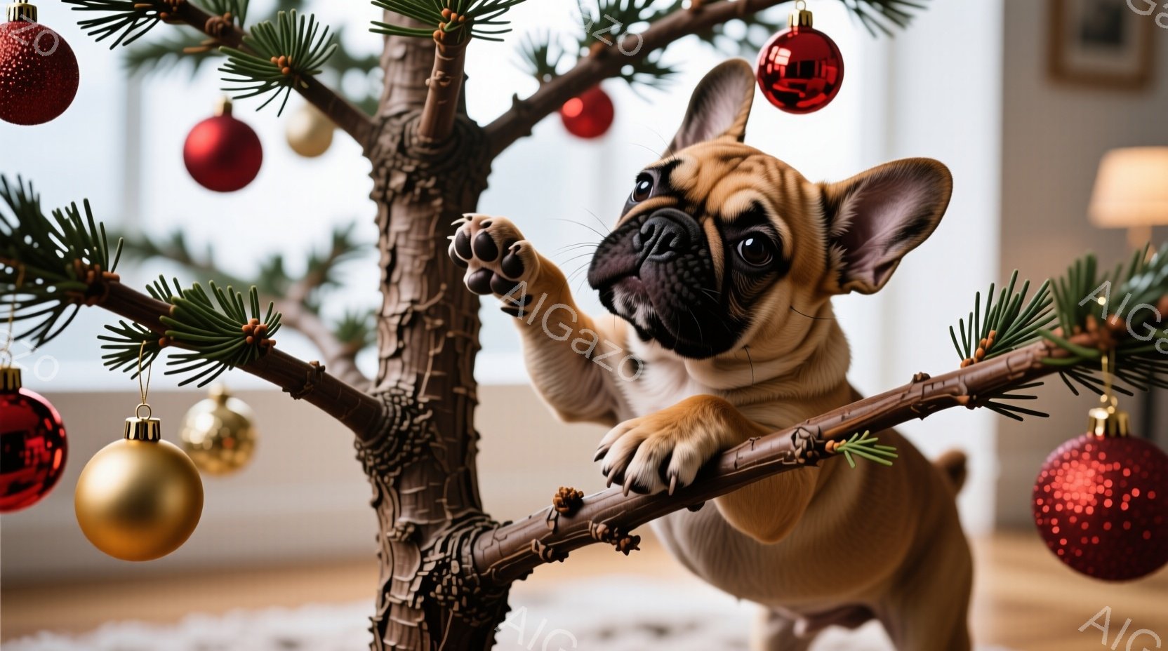 茶色のパグの子犬がクリスマスツリーの枝にしがみつき、好奇心旺盛な表情でこちらを見ている。背景には、赤いオーナメントが飾られたクリスマスツリーの他の部分と、ぼやけた暖かい光の室内が見える。全体的に、遊び - AI生成フリー素材