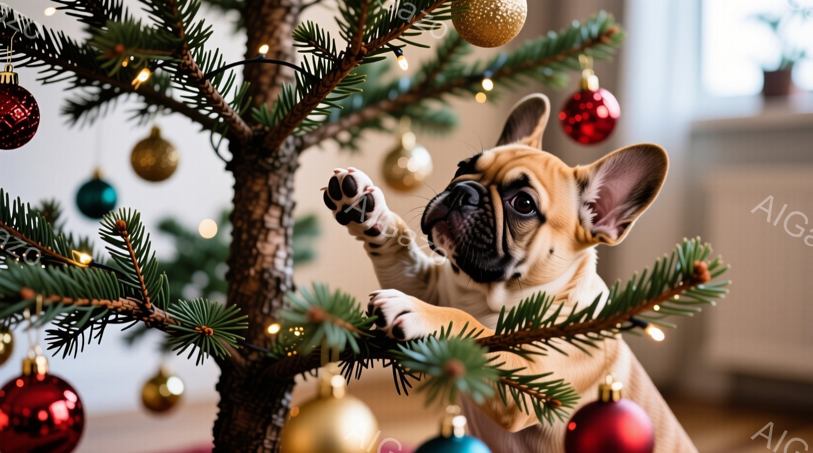クリーム色のフランスブルドッグがクリスマスツリーによじ登ろうとしています。前足でツリーの枝をつかみ、顔は少し上を向いていて、いたずらっぽい表情をしています。背景には、赤や金色のオーナメントで飾られた緑 - AI生成フリー素材