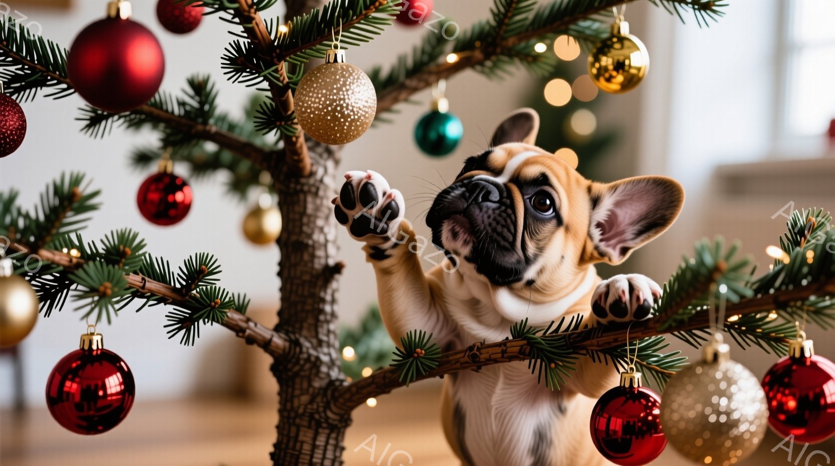 クリスマスツリーの中に可愛らしい子犬が隠れており、前足で枝につかまって上を見上げています。背景には、様々な色のクリスマスオーナメントが飾られたクリスマスツリーと、ぼやけた室内の様子が見えます。全体的に - AI生成フリー素材