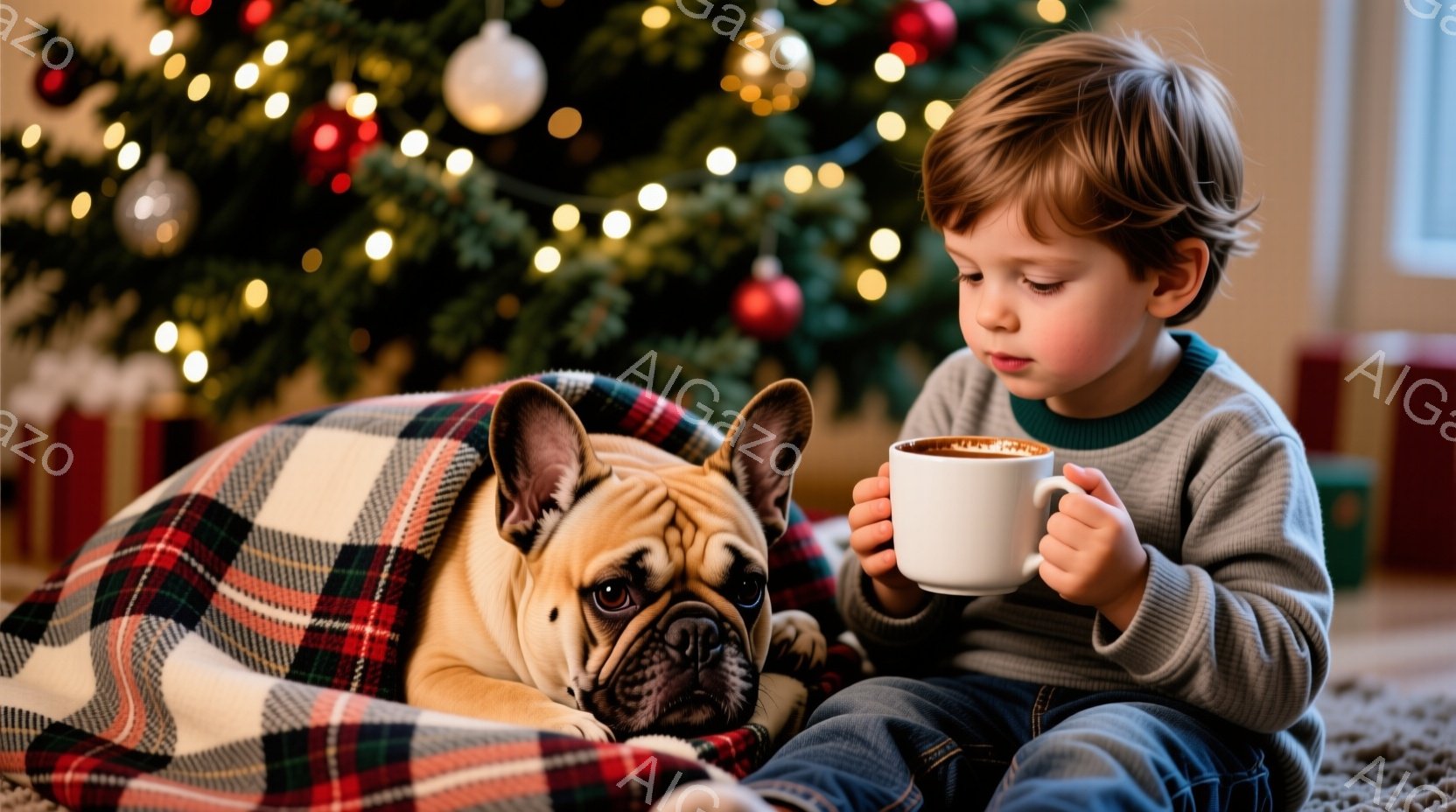 幼い少年が膝の上に暖かい飲み物が入ったマグカップを持って座っており、隣にはチェック柄のブランケットに身を寄せたフレンチブルドッグがいます。少年は少し眉間にしわを寄せ、何か考え込んでいるような表情をして - AI生成フリー素材