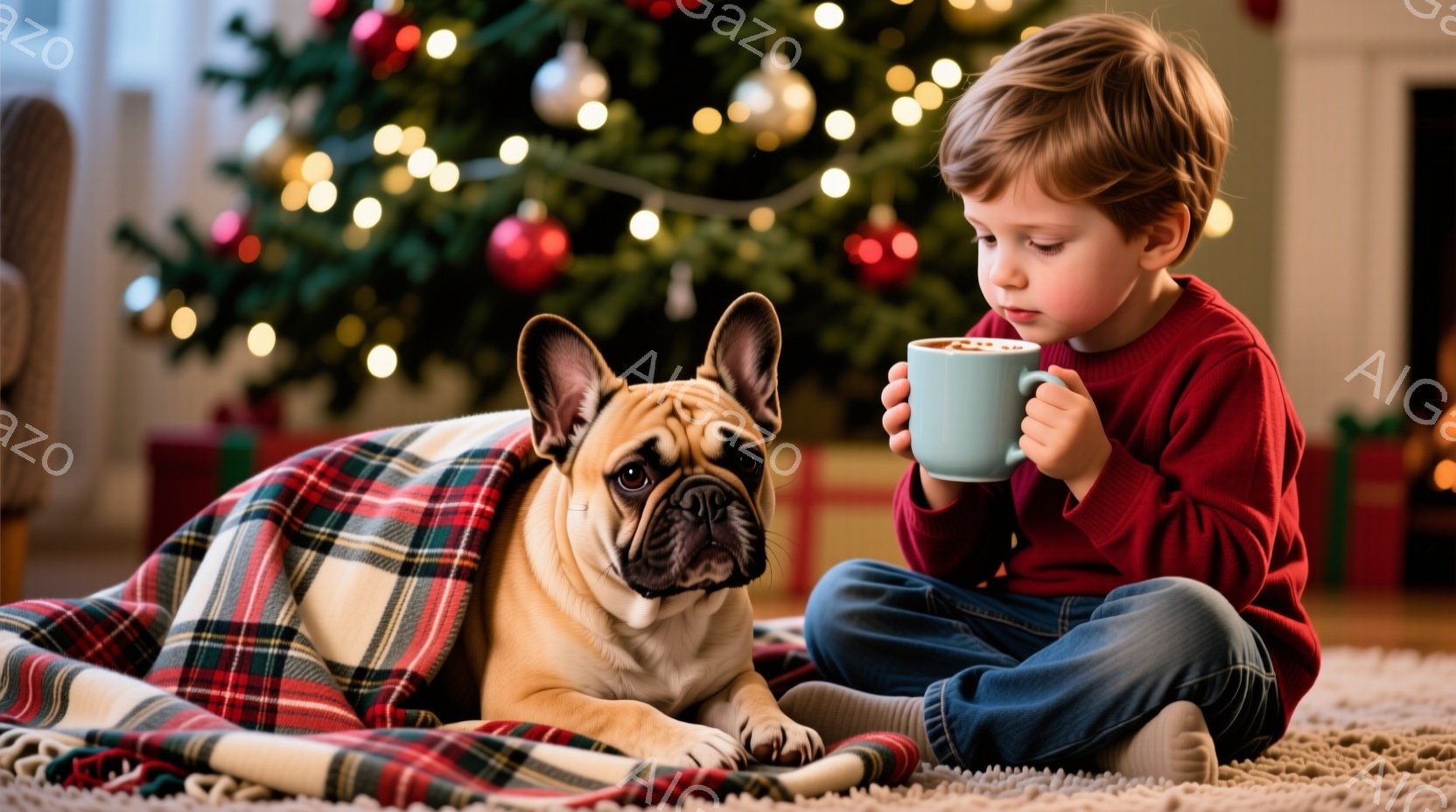 赤毛の少年は赤いセーターと濃い青色のズボンを身に着け、床に座って片手に緑色のマグカップを持っています。そばには、チェック柄のブランケットに横たわる、茶色い毛並みのフレンチブルドッグがおり、少年の方を見 - AI生成フリー素材