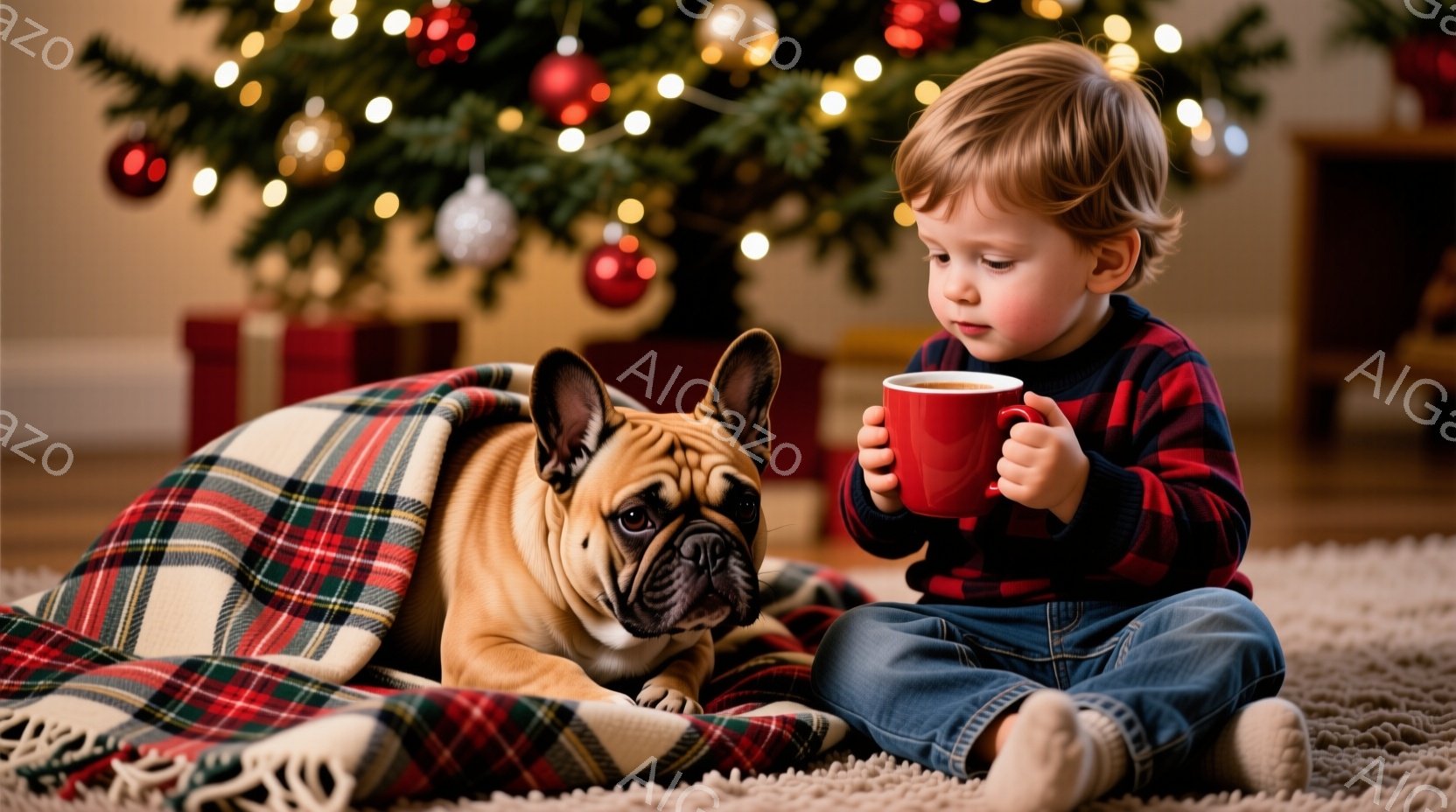 少年はチェック柄のシャツとジーンズを身につけ、両膝を立てて床に座っています。彼は赤いマグカップを両手で抱え、どこかを見つめています。背景にはクリスマスツリーが飾られ、犬が毛布に包まって横たわっており、 - AI生成フリー素材