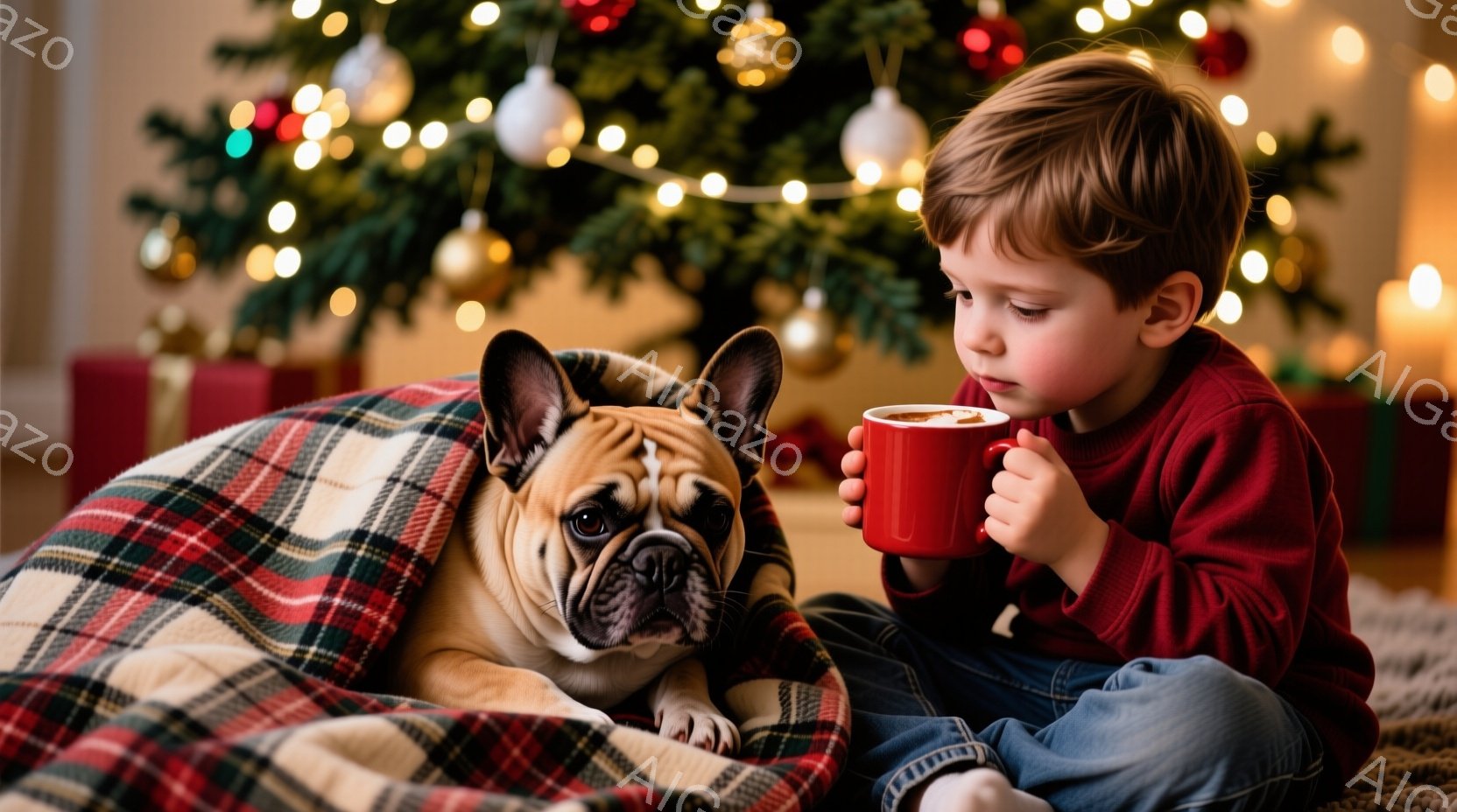 少年は赤いセーターとジーンズを着て床に座り、赤いマグカップを両手で抱えています。横には、チェック柄の毛布に包まれたブルドッグがリラックスして横たわっており、少年の視線の先にはクリスマスツリーが飾られています。暖かく心地よい光に包まれた、穏やかで幸せなクリスマスの光景です。