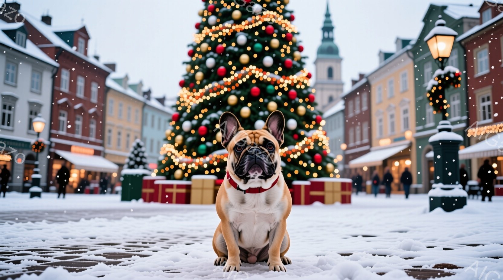 白い雪が降る街の中心に、愛らしいフレンチブルドッグが座っています。赤色の首輪をつけ、前足を揃えてカメラの方を見つめており、その表情は穏やかで可愛らしいです。背景には、クリスマスツリーやプレゼント、そし - AI生成フリー素材