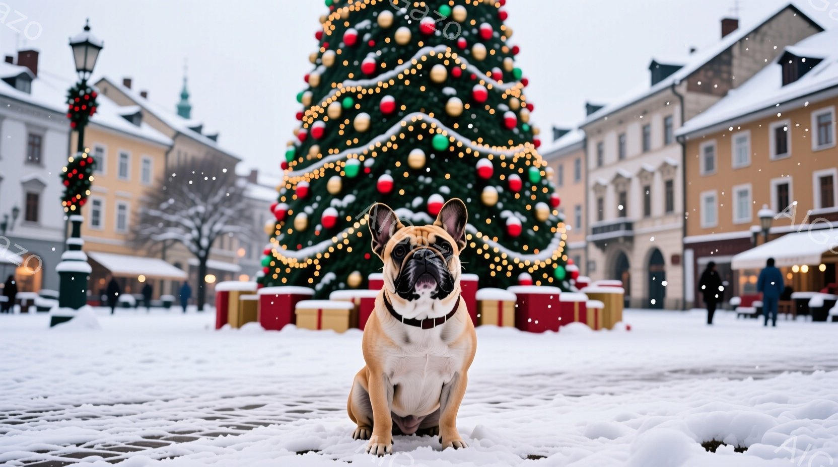 白い雪景色の中に、可愛らしいフレンチブルドッグが座っています。赤い首輪をつけ、まっすぐカメラを見つめており、少しいたずらっぽい表情をしています。背景にはクリスマスツリーやプレゼント、そして雪に覆われた - AI生成フリー素材