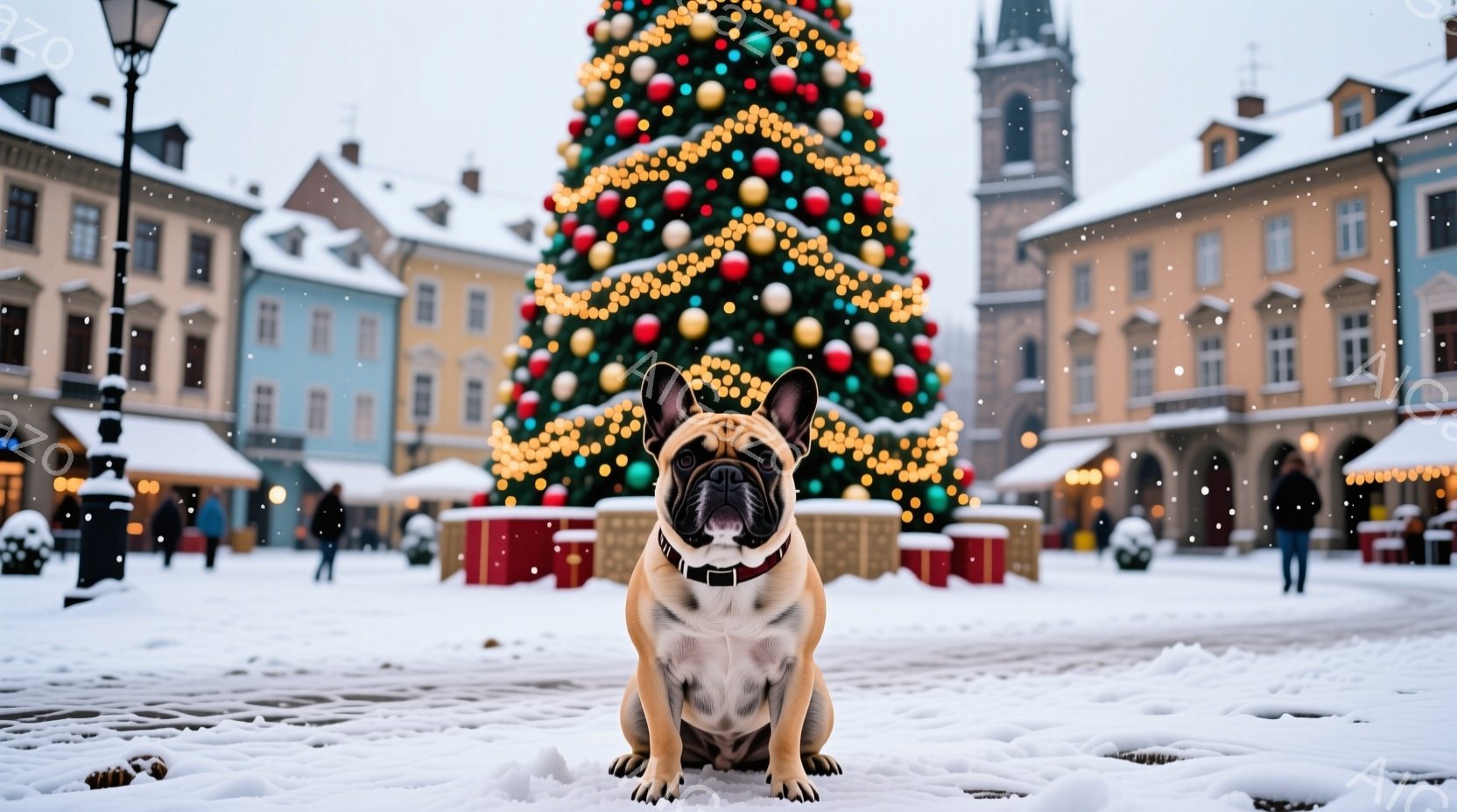 白い雪に覆われた広場の中央に、茶色い首輪を付けたフレンチブルドッグが座っています。背景には、色とりどりのオーナメントで飾られた大きなクリスマスツリーと、ヨーロッパ風の建物が並び、雪が舞い散る冬の風景が - AI生成フリー素材