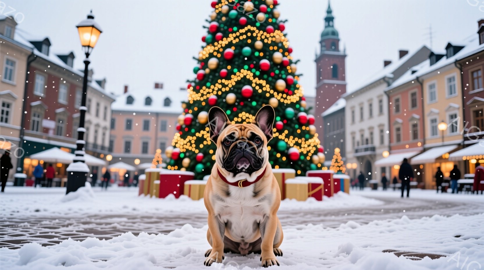 白い雪に覆われた広場に、ベージュ色のフレンチブルドッグが座っています。背景には、カラフルなライトで飾られた大きなクリスマスツリーがそびえ立ち、遠くには歴史的な建物が並びます。穏やかな雪が降り積もり、温 - AI生成フリー素材