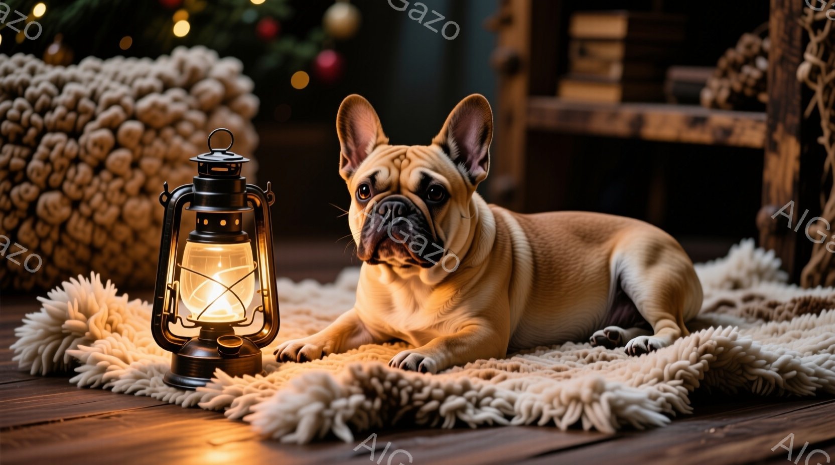 クリーム色のフレンチブルドッグが、ふわふわの白いラグの上に横たわっています。その横には、灯りが灯ったアンティーク調のランタンが置かれており、暖かく優しい光を放っています。背景は木の床で、ぼやけたクリス - AI生成フリー素材