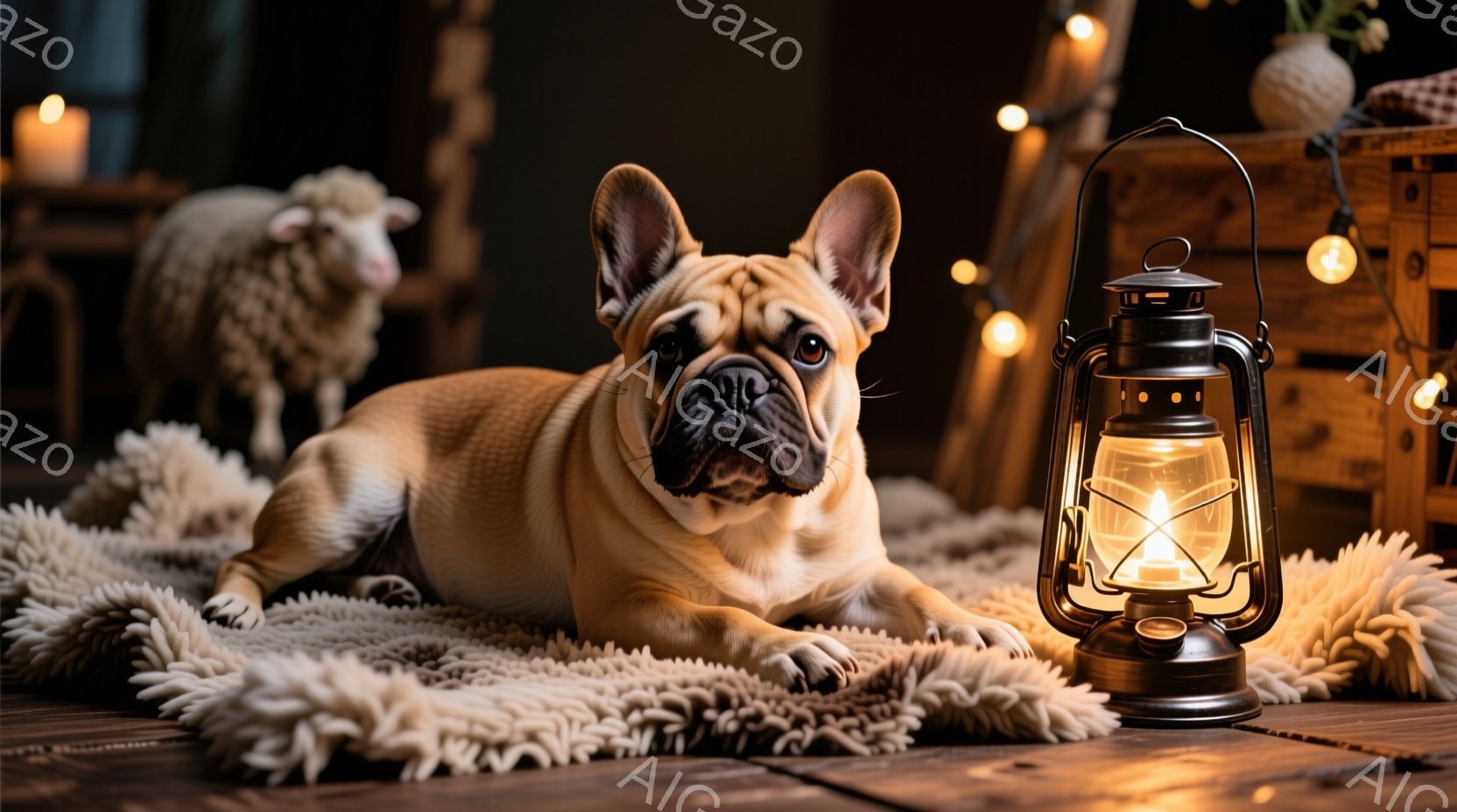 暖炉のある室内で、クリーム色のフレンチブルドッグがふわふわの白いラグの上に横たわっています。犬はカメラを見つめ、穏やかな表情をしています。背景には木製の箱、白い羊のぬいぐるみ、そして温かい光を放つラン - AI生成フリー素材