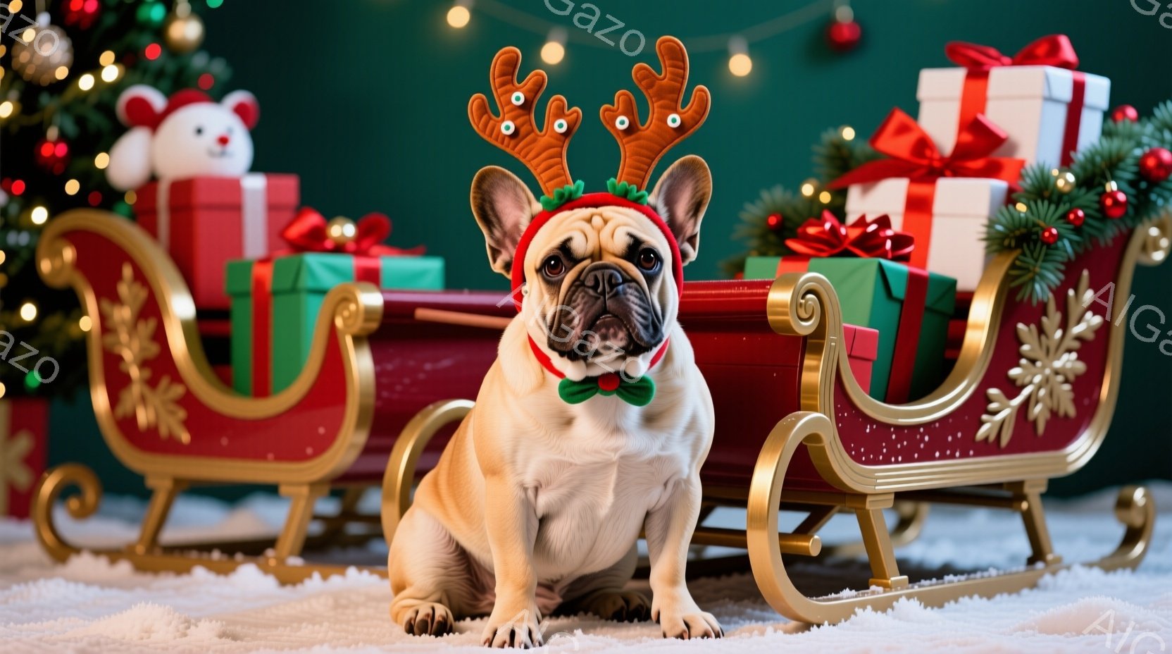 白いフレンチブルドッグが、トナカイの角と赤いリボンをつけてソリに座っています。背景にはクリスマスツリーとプレゼントが積まれたソリがあり、雪が降っているような白い地面に置かれています。全体的に暖かく、お - AI生成フリー素材