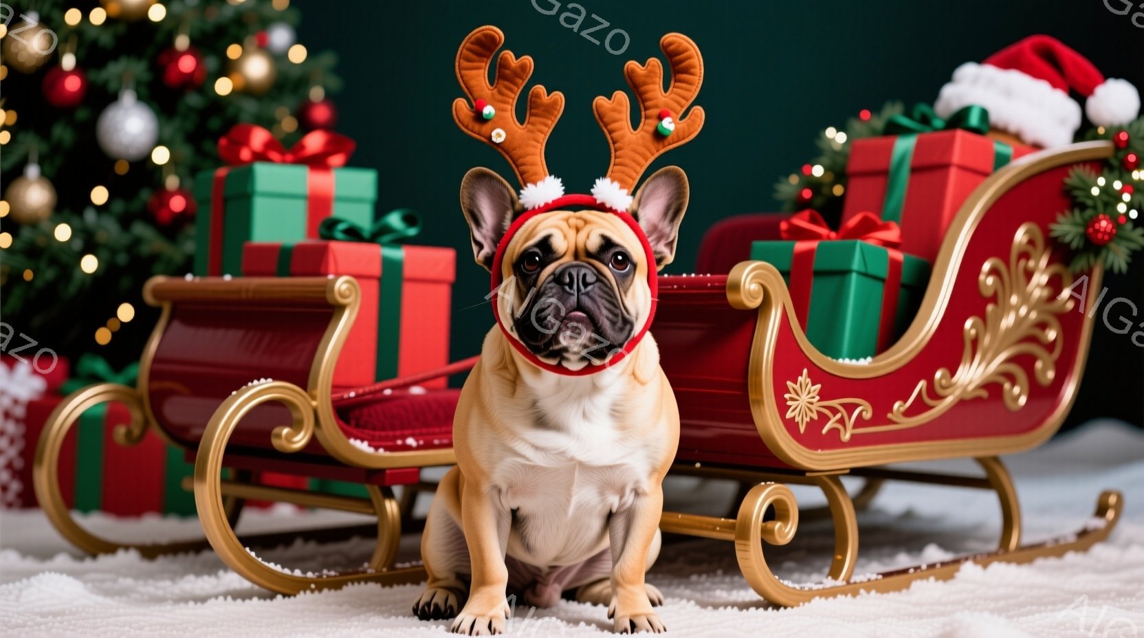 クリーム色のフレンチブルドッグが、クリスマス柄のスライドに乗って正面を向いています。頭にはトナカイの角の飾りをつけており、少し困ったような愛らしい表情をしています。背景にはクリスマスツリーやプレゼント - AI生成フリー素材