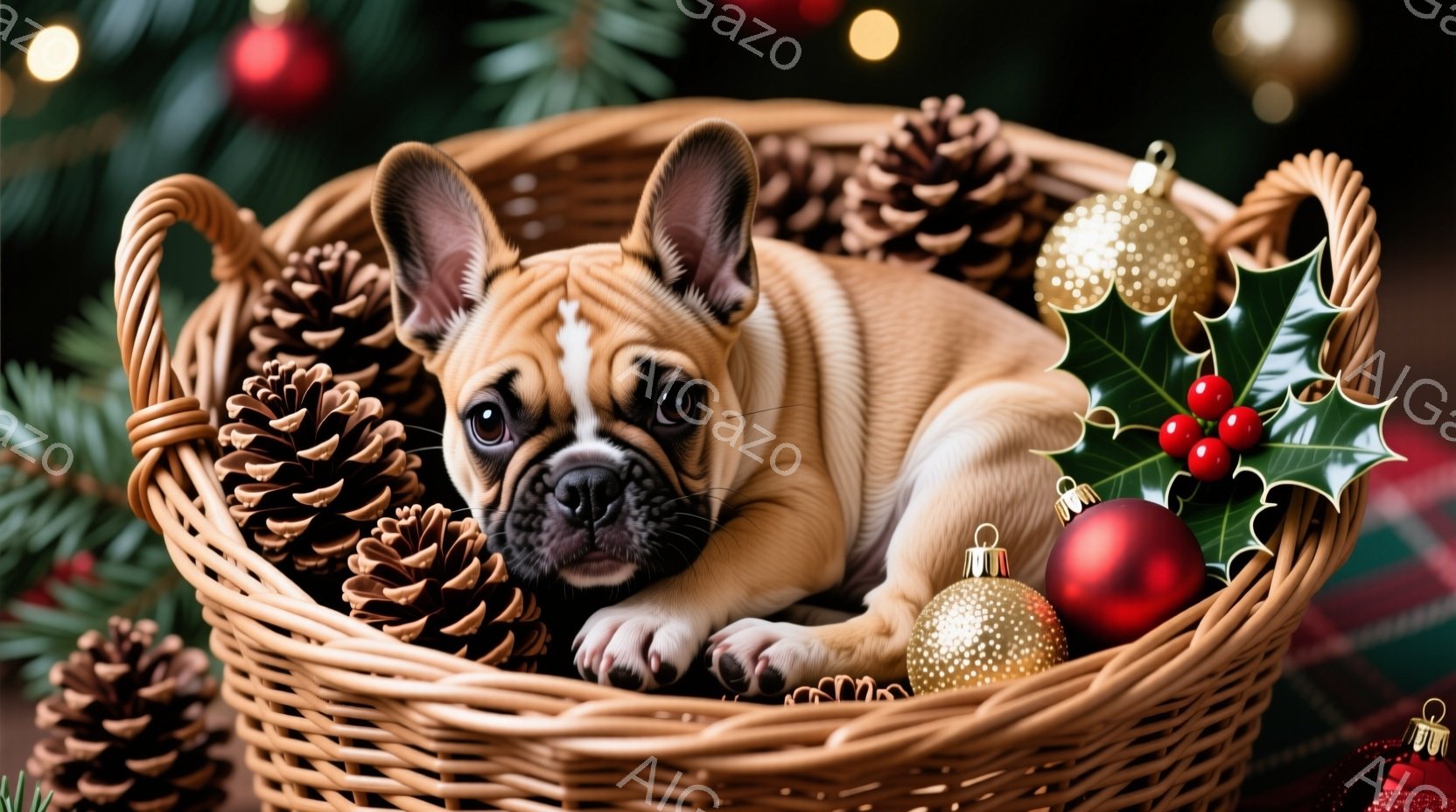 籠の中に可愛らしい子犬が横たわっています。背景には、クリスマスツリーの枝やオーナメント、松ぼっくりなどが配置され、全体的に温かく、お祝いムードに満ちた雰囲気です。子犬はリラックスした表情で、クリスマス - AI生成フリー素材