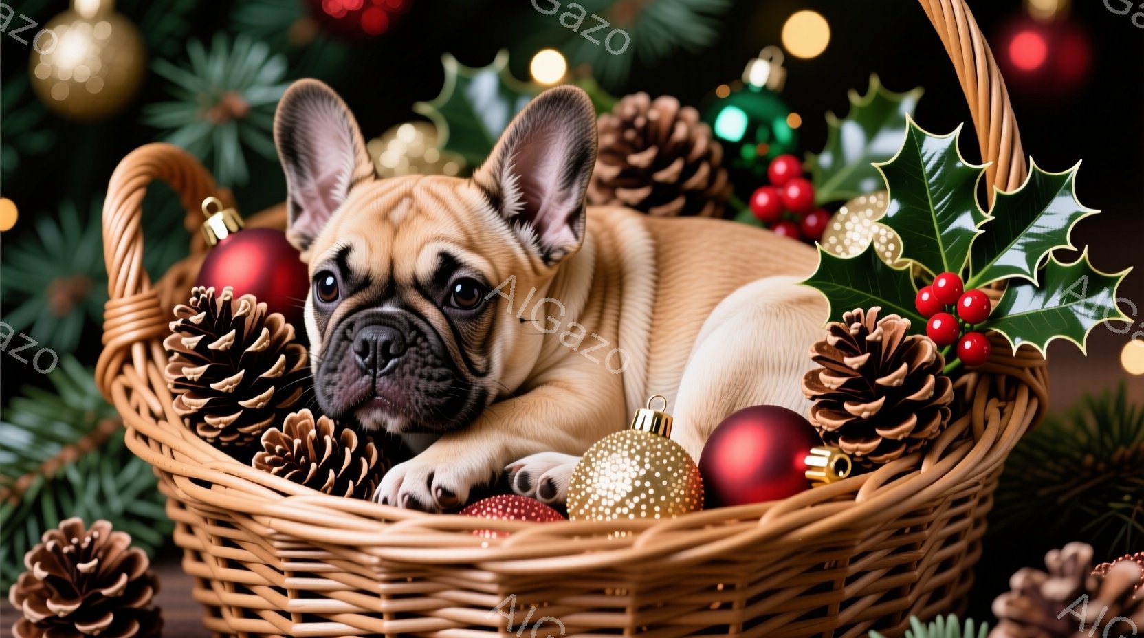 籐で編まれたバスケットの中に、クリーム色のフレンチブルドッグが丸まって眠っています。背景にはクリスマスツリーの飾りや松ぼっくりが配置され、温かく華やかなクリスマスの雰囲気を醸し出しています。犬の表情は - AI生成フリー素材