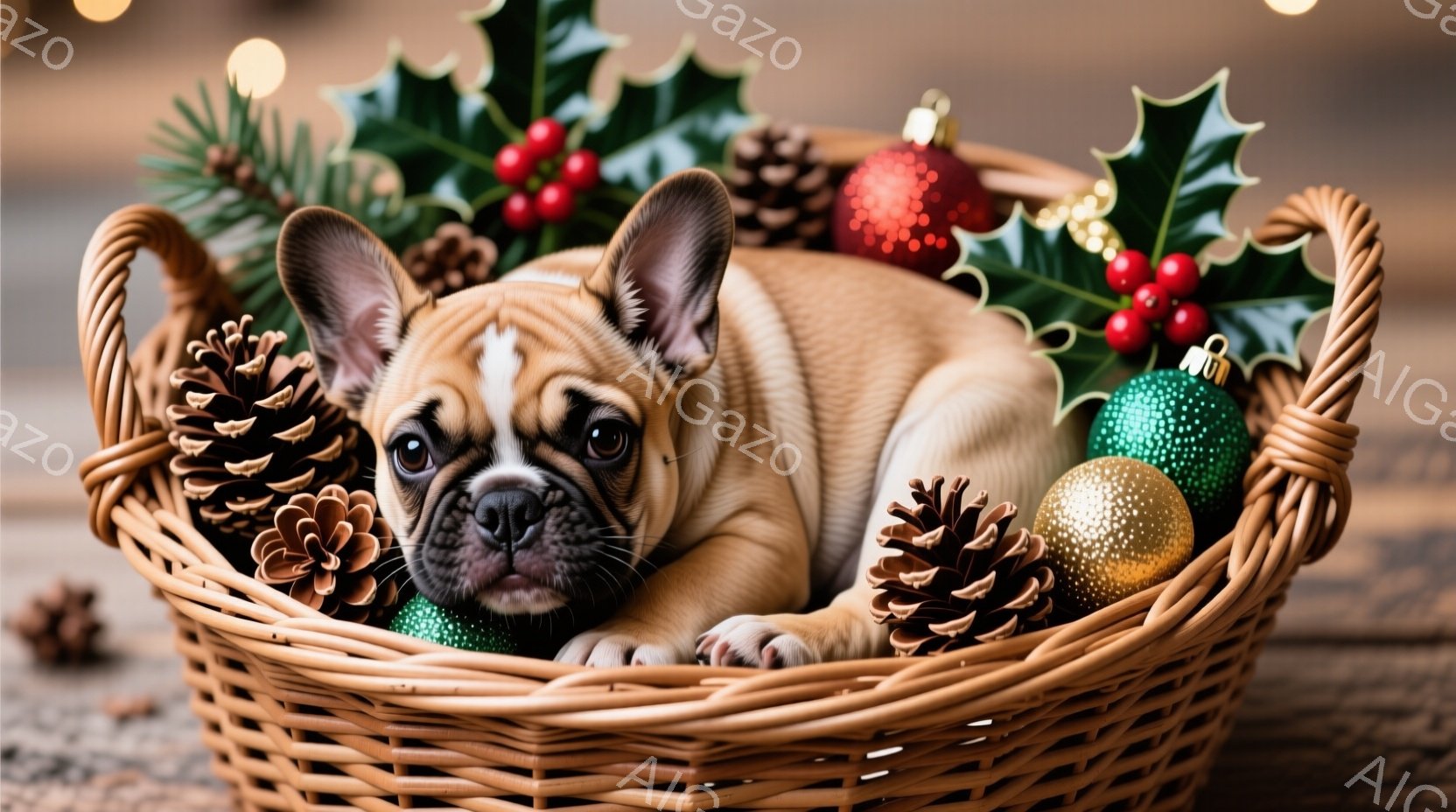 小さなクリーム色のフレンチブルドッグが、クリスマス装飾で満たされた編み込みのバスケットの中に横たわっています。犬はリラックスした表情で、わずかにカメラを見つめており、周囲には松ぼっくりや赤い実のついた - AI生成フリー素材
