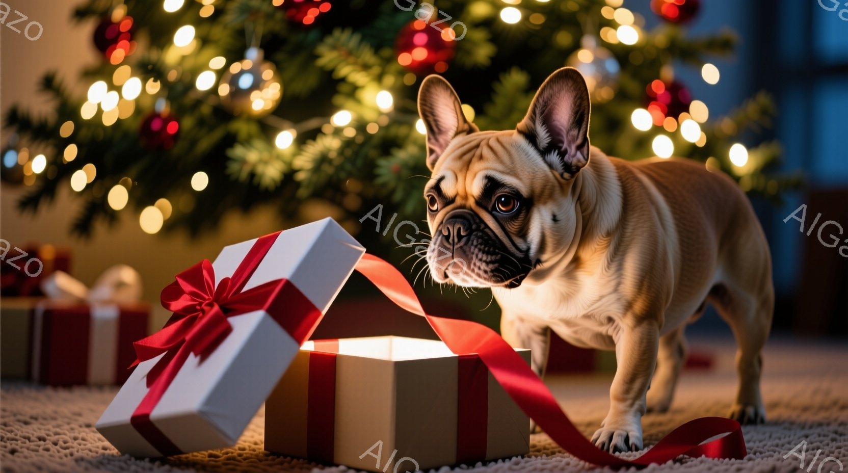 クリーム色のフレンチブルドッグが、赤いリボンと包装紙で飾られた開いたギフトボックスの前に立っています。犬は興味津々とした表情で箱の中を覗き込んでおり、その姿勢からは期待感や好奇心が伝わってきます。背景 - AI生成フリー素材