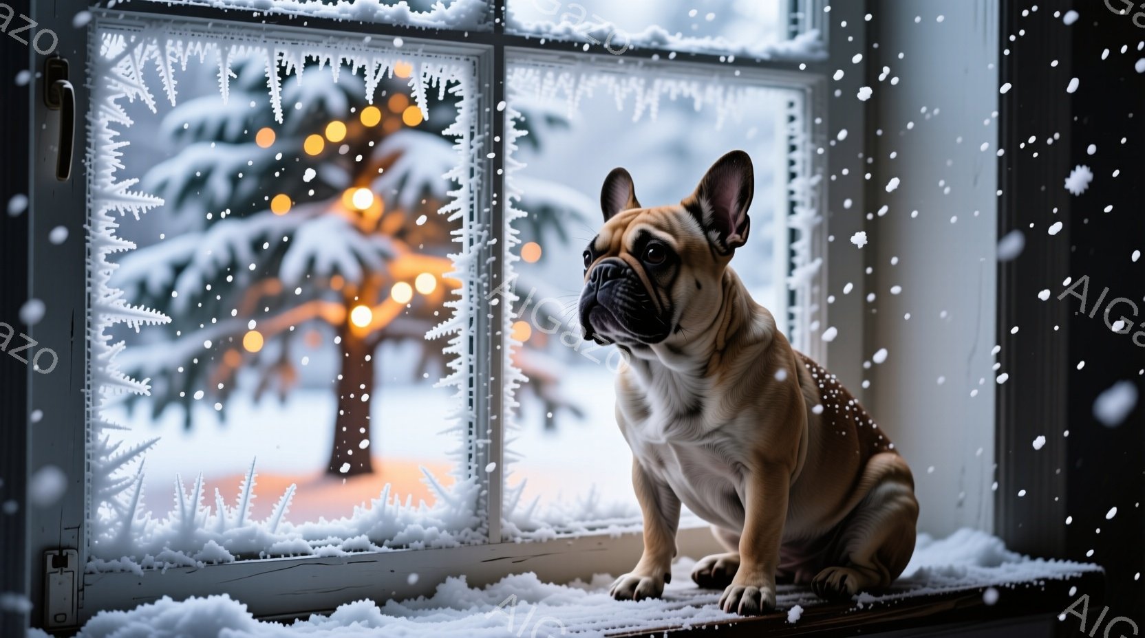 白い雪が窓枠に張り付き、クリスマスの飾り付けがぼんやりと見える背景に、愛らしいフレンチブルドッグが座っています。その表情はどこか物憂げで、遠くを見つめており、冬の静けさの中に暖かさと孤独感が混ざり合っ - AI生成フリー素材