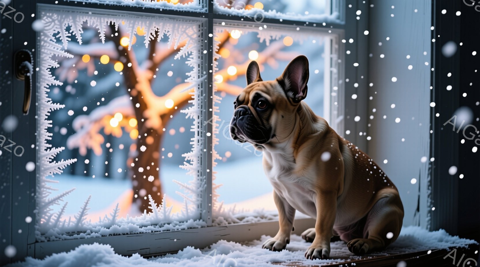 窓辺に座るクリーム色のフレンチブルドッグが描かれています。外は雪景色で、ぼんやりと光るクリスマスの飾り付けが見え、冬の穏やかな雰囲気を醸し出しています。犬は窓の外を物憂げな表情で眺めており、静かで心温 - AI生成フリー素材
