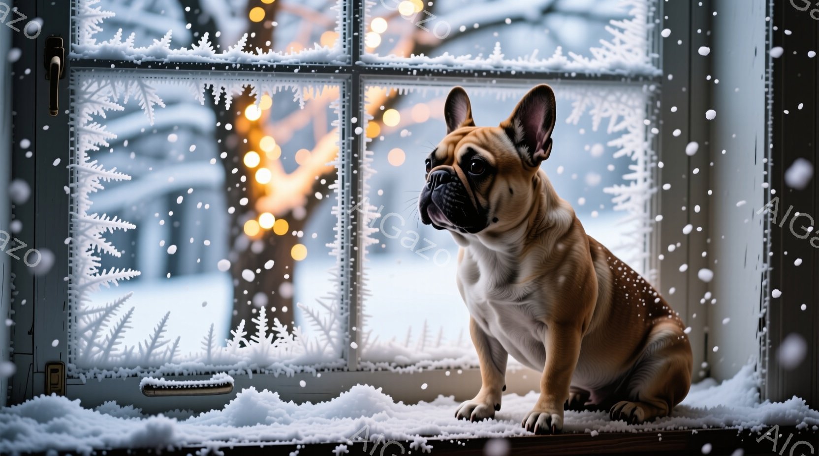 白い雪が降り積もる冬の日に、窓辺に座るブリュッセルグリフォン犬が描かれています。犬は茶色と白の毛並みを持ち、少し横を向いて、外の雪景色を眺めています。窓には霜の花が描かれており、背景にはぼやけた冬の木 - AI生成フリー素材