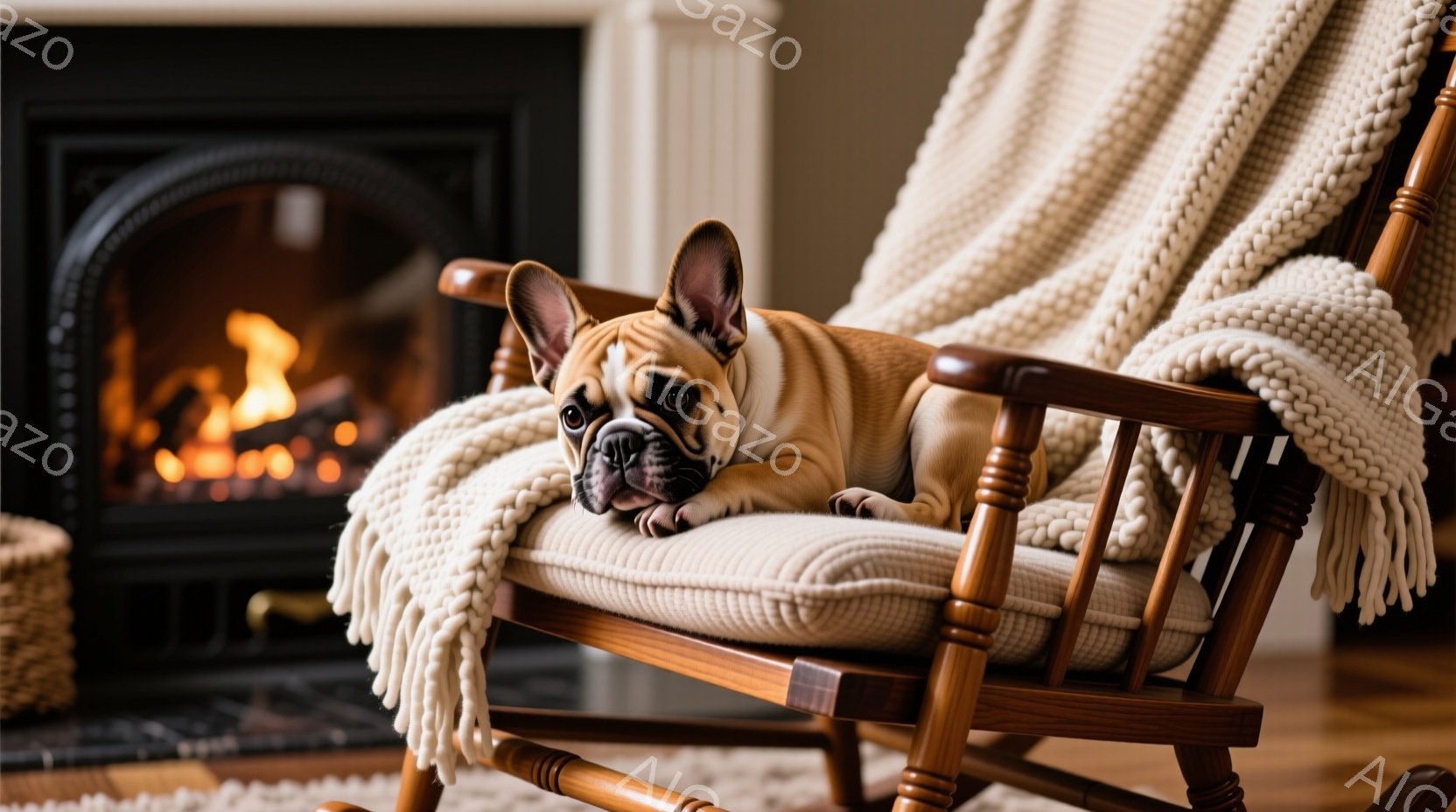 暖炉のそばにある木製のロッキングチェアに、クリーム色の毛並みのフレンチブルドッグがゆったりと横たわっています。犬はリラックスした表情で、ロッキングチェアのクッションに置かれたオフホワイトのニットブラン - AI生成フリー素材
