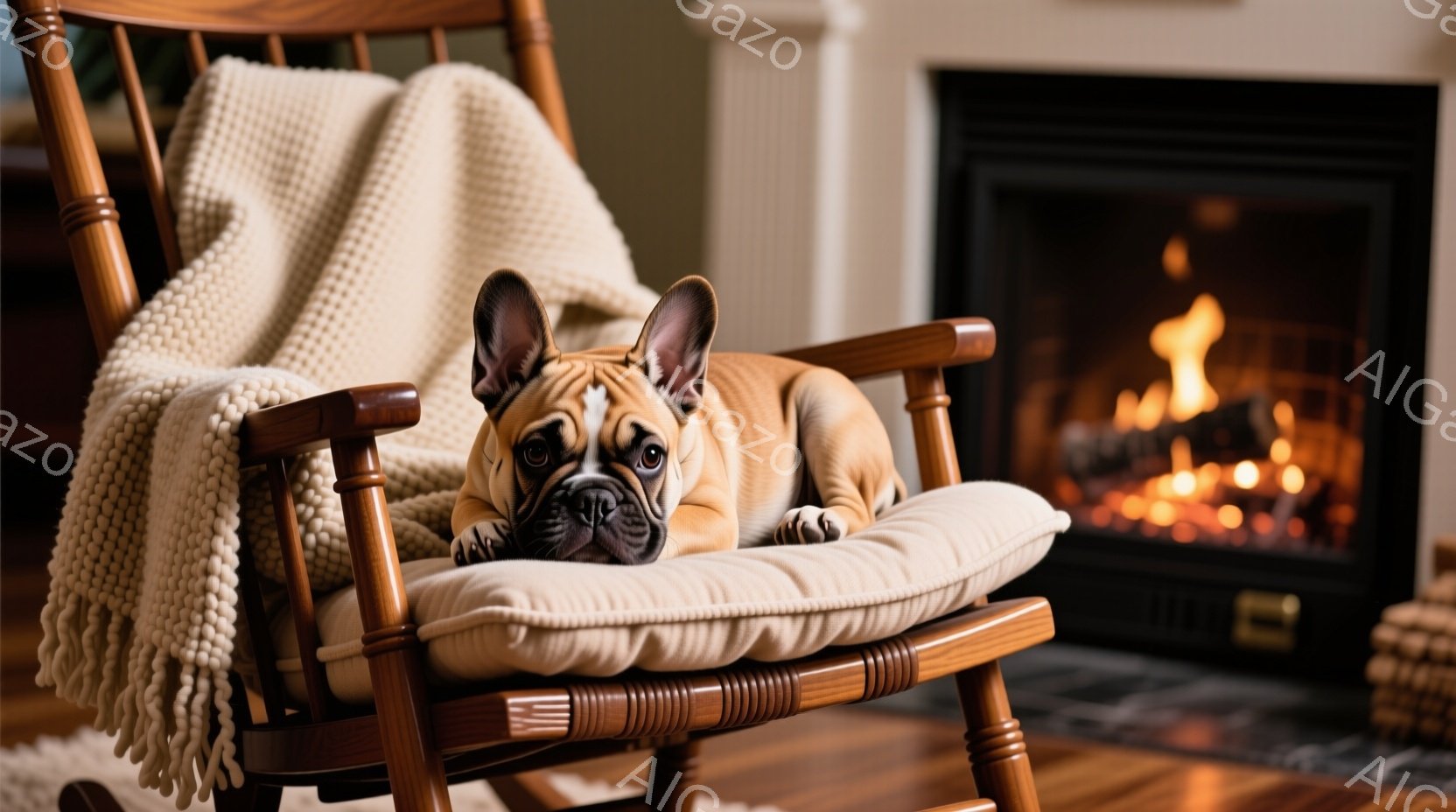 暖炉のそばにあるロッキングチェアに、愛らしいフレンチブルドッグがゆったりと横たわっています。その表情は穏やかで、まるでくつろぎのひとときを楽しんでいるかのようです。背景には、暖炉の炎が暖かく灯り、木製 - AI生成フリー素材