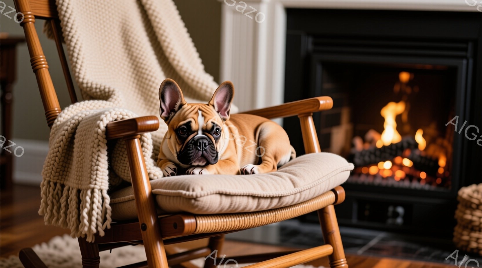 揺り椅子に横たわるブルドッグが写っています。椅子にはオフホワイトのざっくりとした編み物のブランケットがかけられており、背景には暖炉の炎がぼんやりと見えます。全体的に温かく、リラックスした雰囲気で、愛らしい犬が心地よさそうにくつろいでいる様子が伝わってきます。