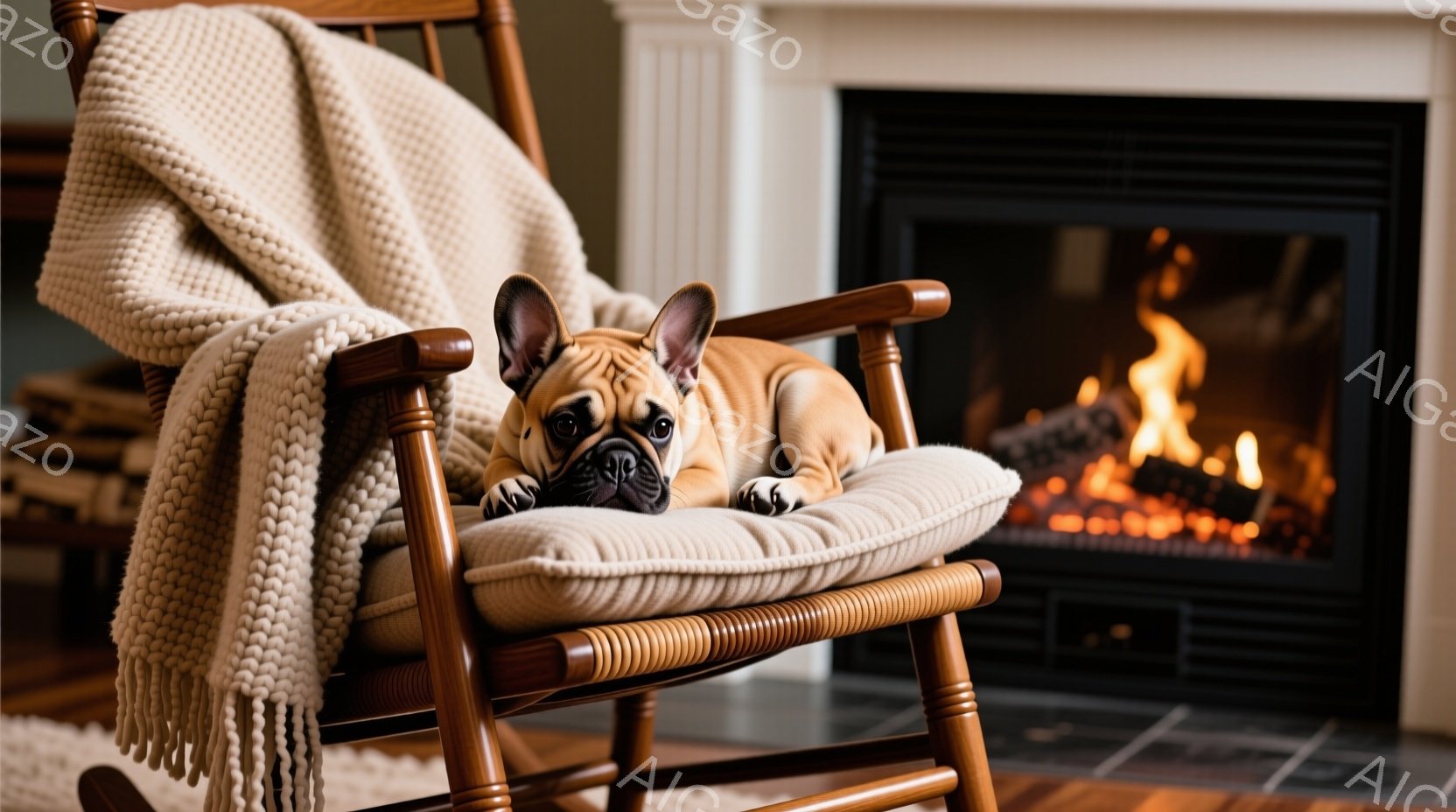 揺り椅子に座った、茶色のフレンチブルドッグが写っています。クッションの上に横になり、リラックスした表情で、まるで人間のようにくつろいでいます。背景には暖炉があり、炎が燃えており、温かく居心地の良い雰囲気を醸し出しています。