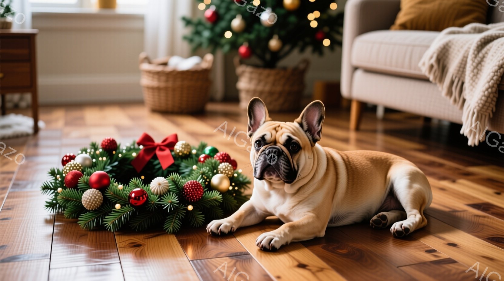 明るい木製の床に、クリーム色の毛並みを持つフレンチブルドッグが横たわっています。その前には、赤いリボンとオーナメントで飾られたクリスマスリースが置かれています。背景には、クリスマスツリーと籐のバスケットが見え、温かく居心地の良いホリデーシーズンを思わせる雰囲気です。