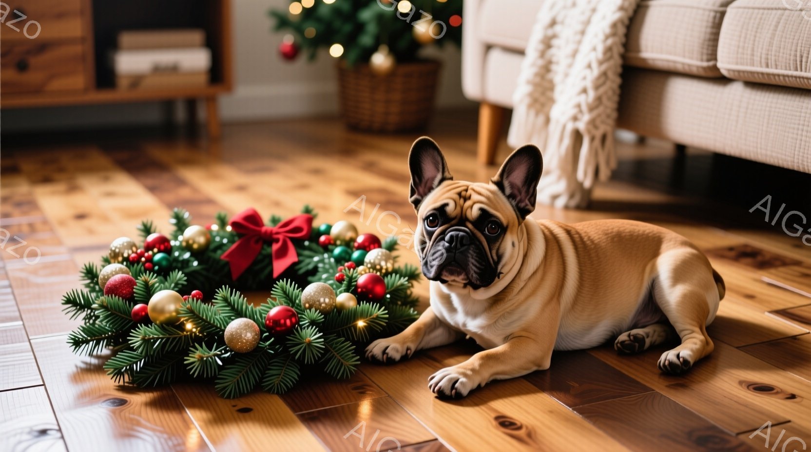 明るいフローリングの上に、ベージュ色のフレンチブルドッグが座っています。クリスマスリースが近くに置かれ、クリスマスツリーがぼやけて背景に見えます。全体的に温かく、クリスマスの雰囲気が漂う室内で、リラックスした様子が伺えます。