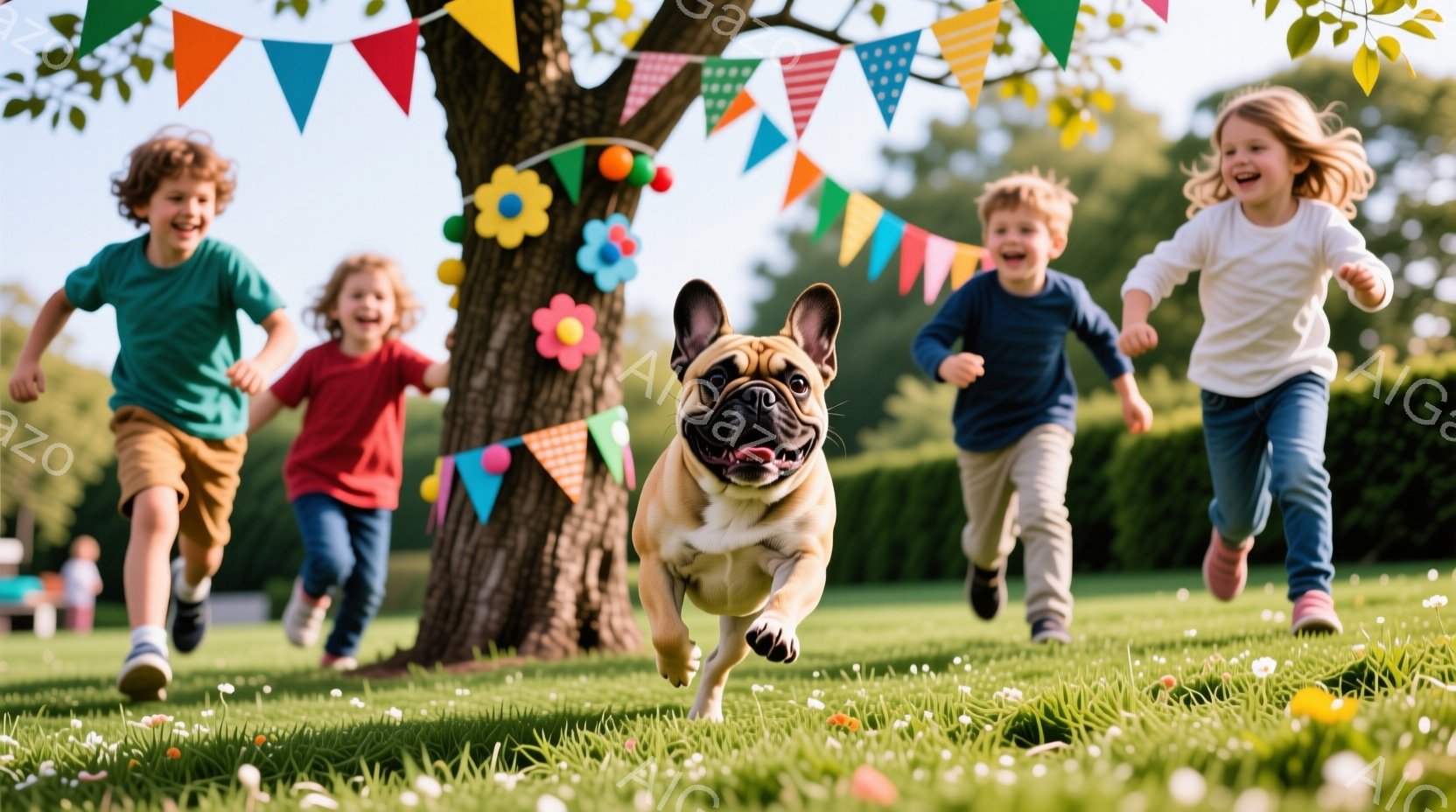 緑豊かな芝生の上を、3人の子供と1匹のフレンチブルドッグが走っている様子が写っている。子供たちはそれぞれ異なる色のTシャツを着ており、笑顔で走り、犬は子供たちに並んで疾走している。背景には木々が生い茂 - AI生成フリー素材
